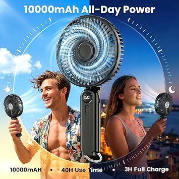 Portable Handheld Fan, 10000mAh Rechargeable Personal Fan for 40H, 6-Inch Ultra Quiet Foldable Hand Fan, 5-Speed Gentle Airflow Battery Operated Fans for Travel Outdoor Lash Makeup Gifts for Father