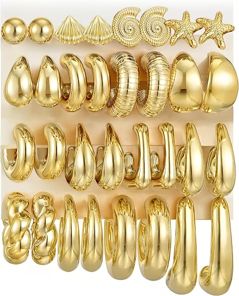 SHALL SHELL 16 Pairs Gold Hoop Earrings Set
