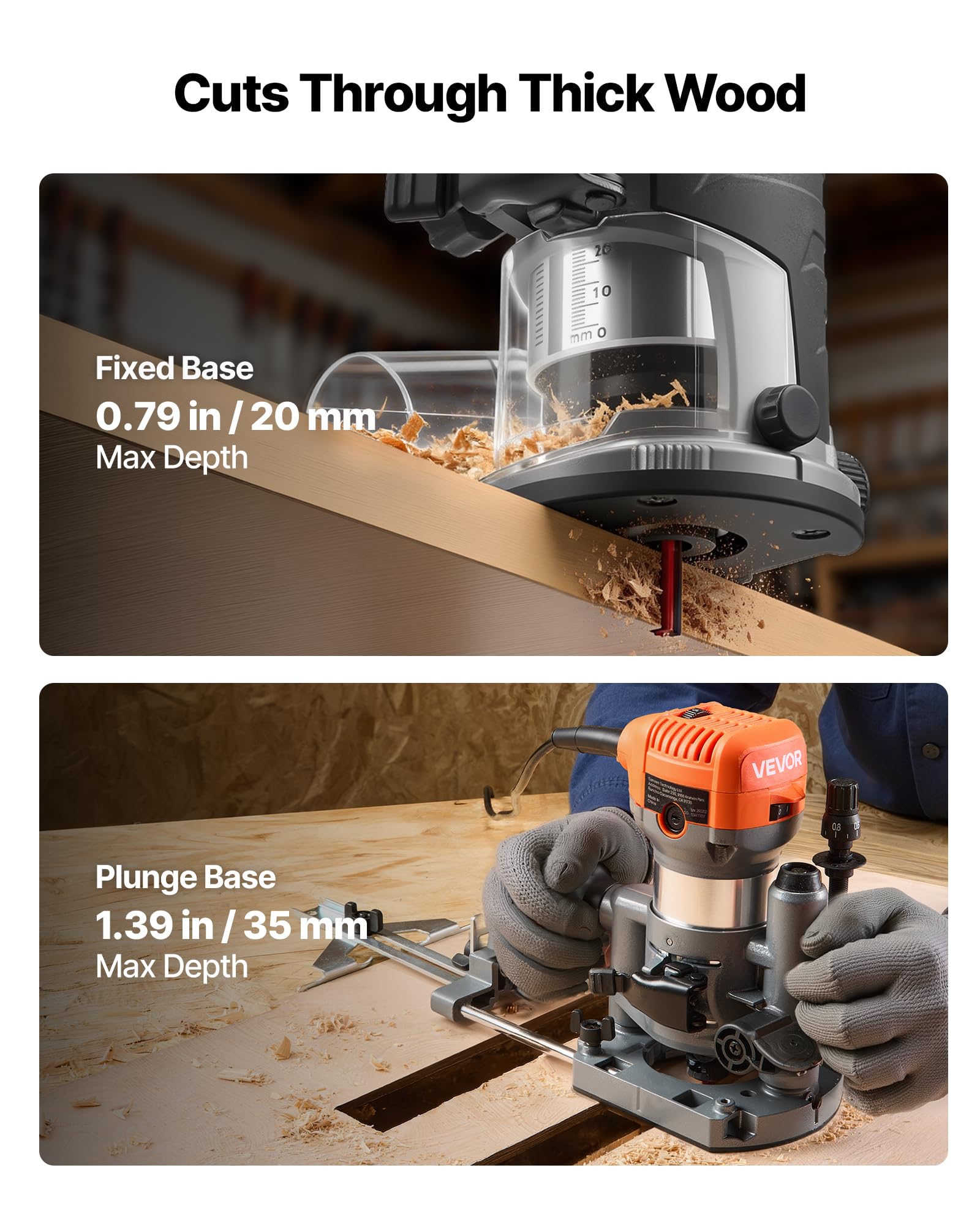 VEVOR Fresadora de Madera 1 HP 710 W, Rebajadora Eléctrica de 6 Velocidades Variables, Arranque Suave, con 3 Bases y Guía Paralela, Fresadora de Cantos para Carpintería, Bricolaje, con Cable