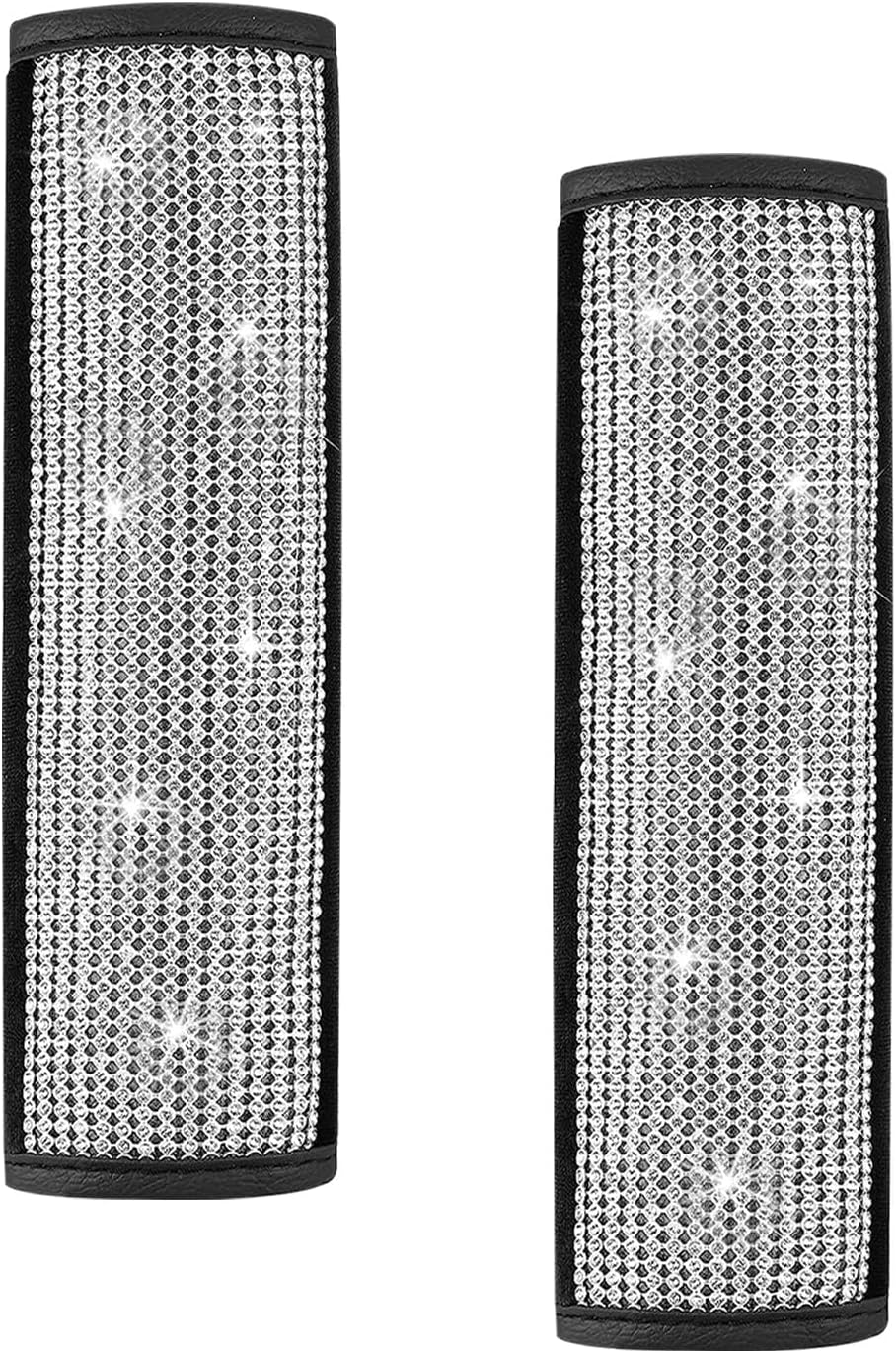 4PCS Bling Car Seat Belt Shoulder Pads, Soft PU Leather Seatbelt Strap Pad with Crystal Diamond, Glitter Safety Belt Pad Shoulder Cover for Women, Decorative Car Accessories