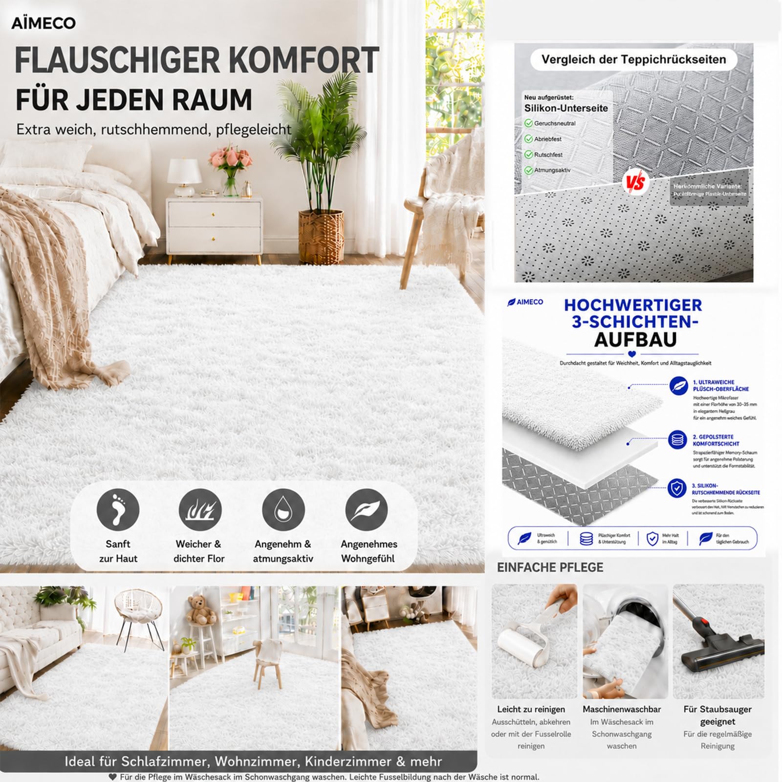 Weißer Langflor Teppich 140x200 cm – Waschbar, Antirutsch-Boden, Flauschig & Weich Hochflor Kuschelteppich für Wohnzimmer, Schlafzimmer & Kinderzimmer – Ideal für Kinder & Haustiere