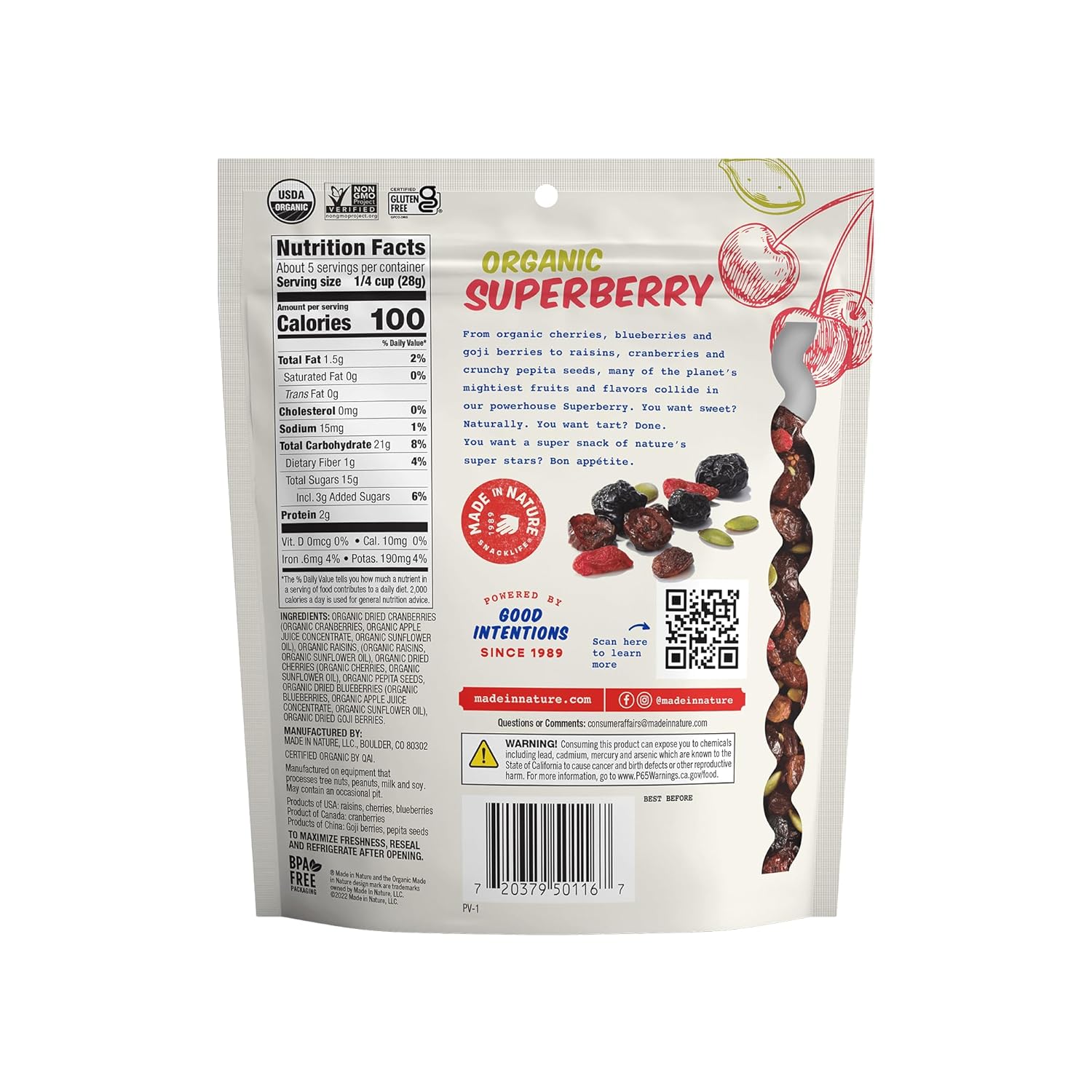 Made In Nature Organic Superberry Fruit Fusion, 5 Ounce (Pack of 6) – Fruit and Nut Trail Mix, Non-GMO, Unsulfured, Gluten Free