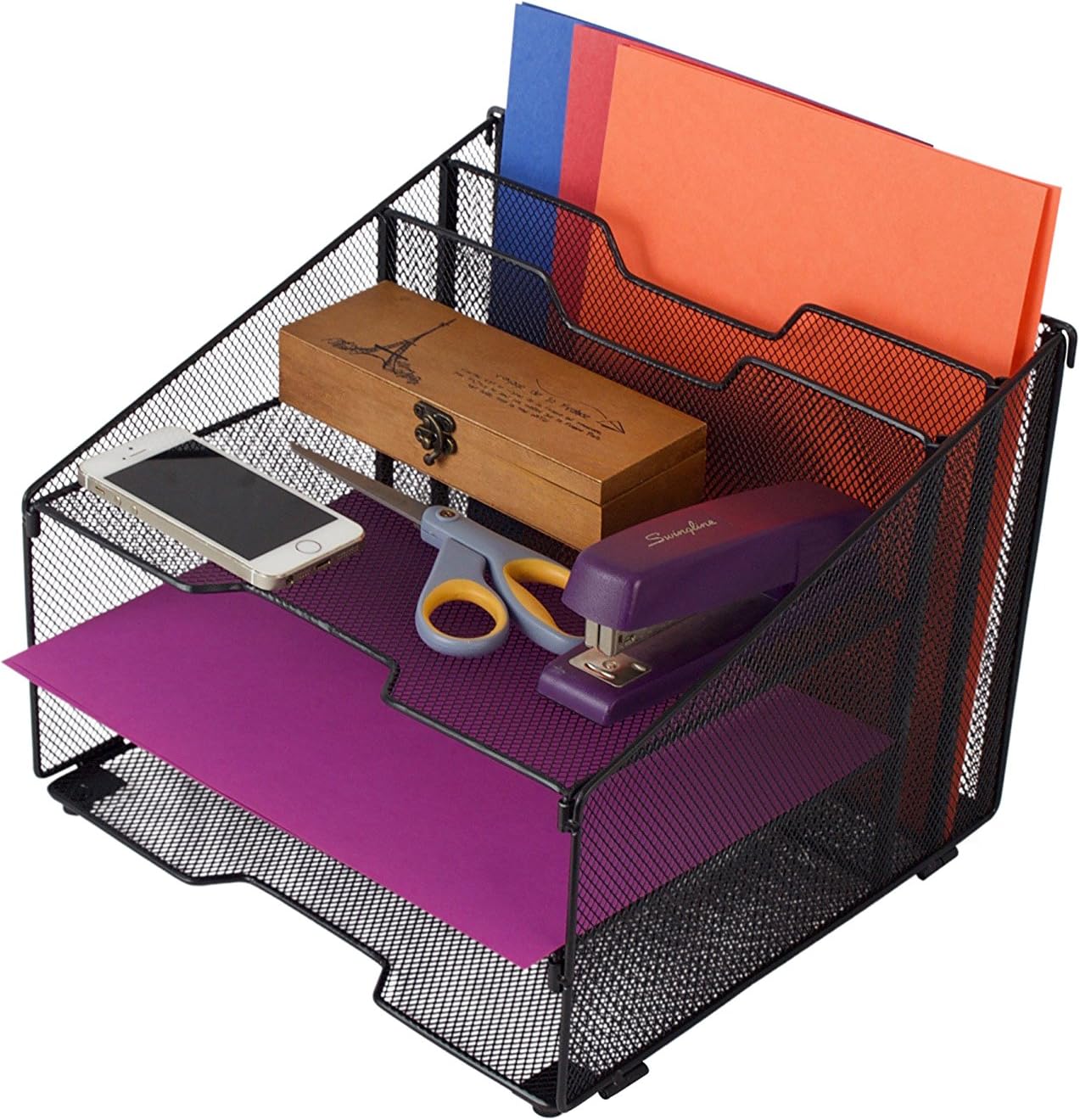 5-Compartment Metal Mesh Desktop File Sorter Desk Tray Organizer Black