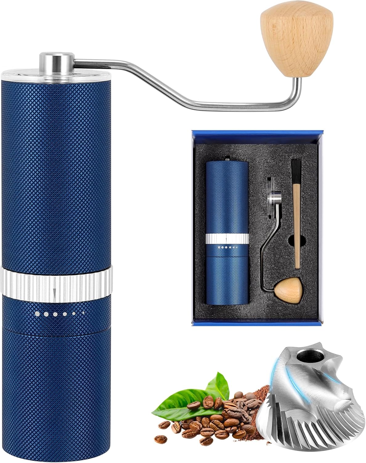 Vzaahu Manual Coffee Grinder,External Adjustable Coarseness 6 Level,CNC Stainless Steel Conical Burr Core,Color Blue,Diamonds Aluminum Alloy Body,Beech Bandle Vzaahu Manual Coffee Grinder,External Adjustable Coarseness 6 Level,CNC Stainless Steel Conical Burr Core,Color Blue,Diamonds Aluminum Alloy Body,Beech Bandle