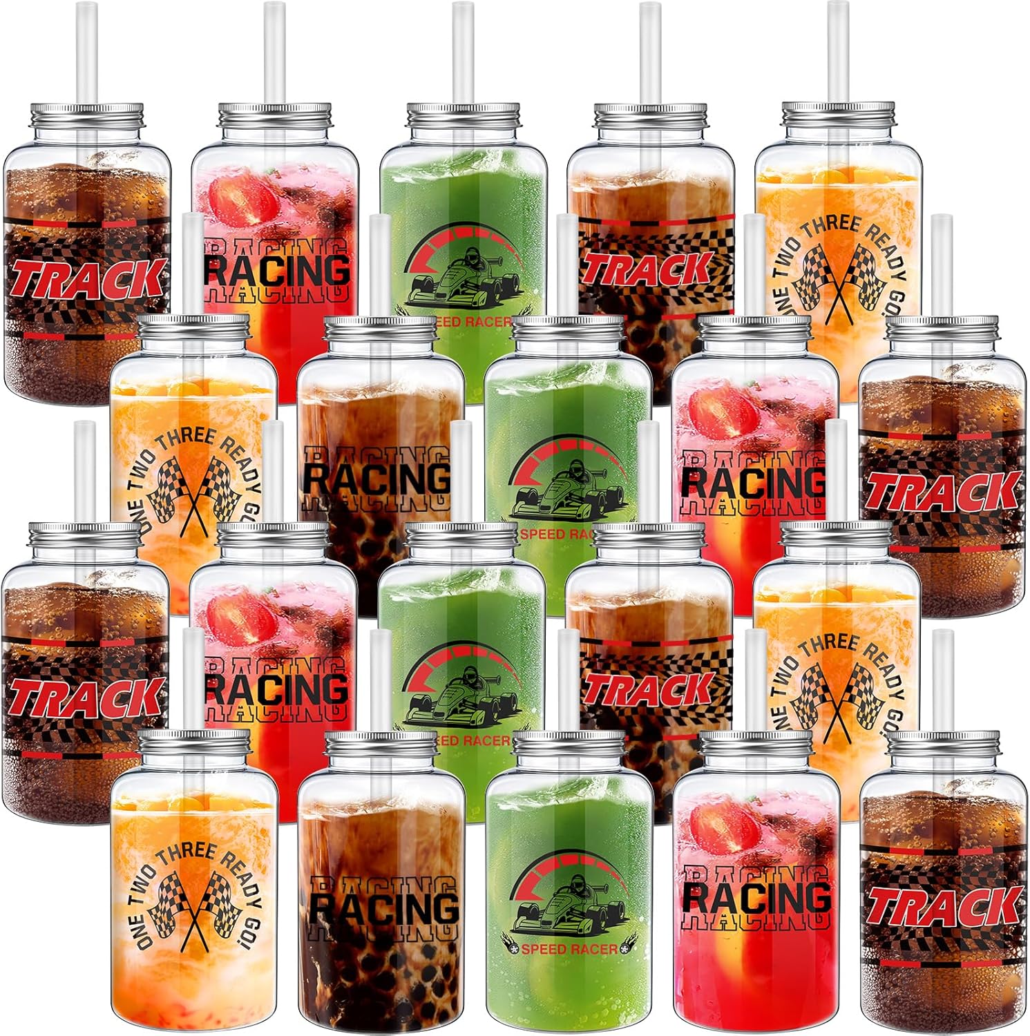 20 Pcs Race Car Cups with Straw and Lid 16 oz Race Car Party Favors Plaid Flag Checkered Drinking Cups Racing Party Checkered Tumbler for Birthday Racing Sporting Event Supplies