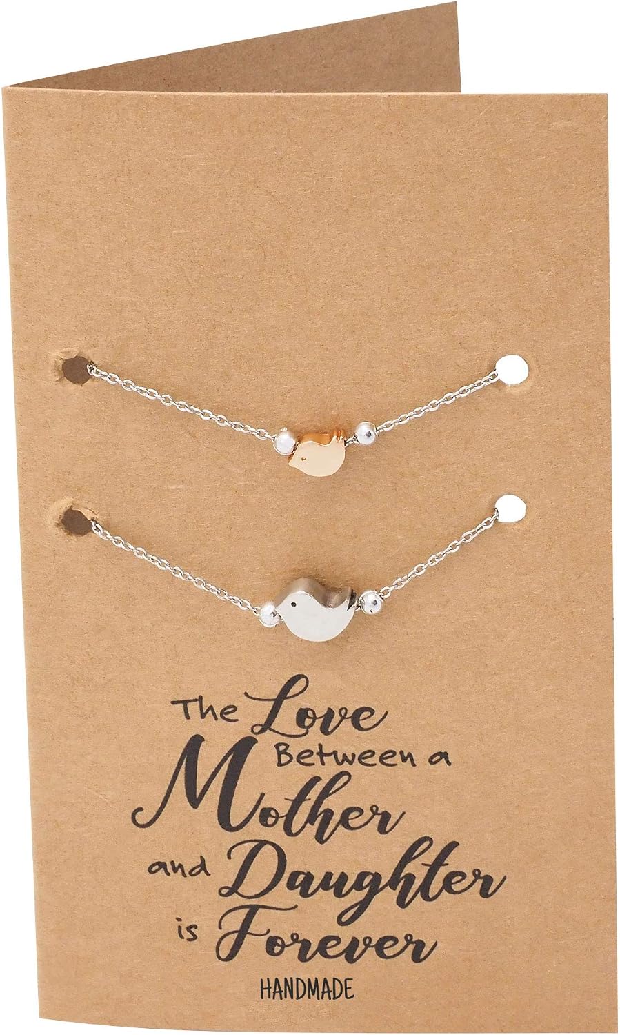 quan jewelry Mother Daughter Bracelets Set of 2 Jewelry with Greeting Card, Mommy and B@by Bird Charm in Two Tone