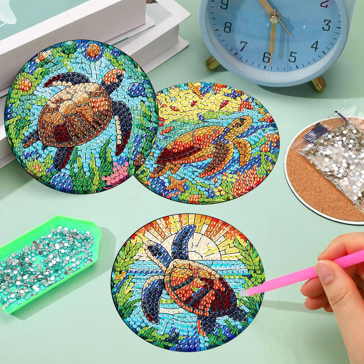 croshom 8 Pieces Diamond Art Painting Coasters Kit, Sea Turtle Diamond Art Coaster, DIY Diamonds Craft Kits for Adults and Beginners (Turtle Style) - Image 7