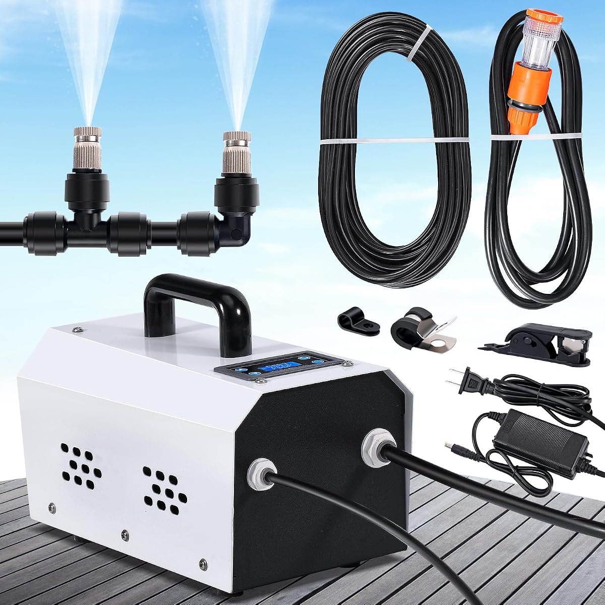 Outdoor Misting Cooling System High Pressure Misters for Outside Patio with Pump Kit, 65.6FT Misting Line with Brass Mist Nozzles Self Priming Sprayer Misters for Chicken Coop Garden Greenhouse