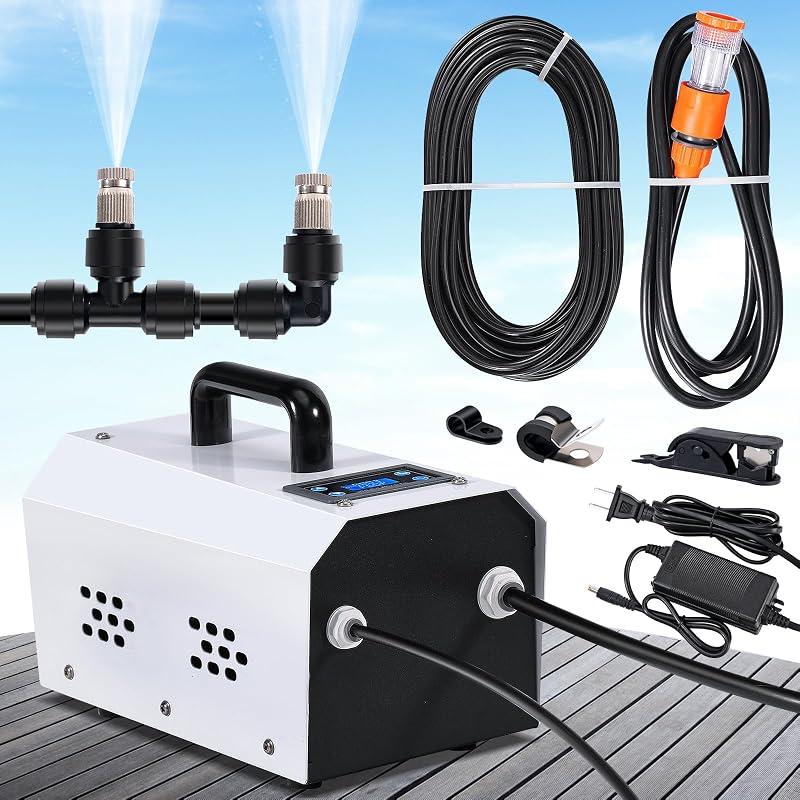 Outdoor Misting Cooling System High Pressure Misters for Outside Patio with Pump Kit, 65.6FT Misting Line with Brass Mist Nozzles Self Priming Sprayer Misters for Chicken Coop Garden Greenhouse