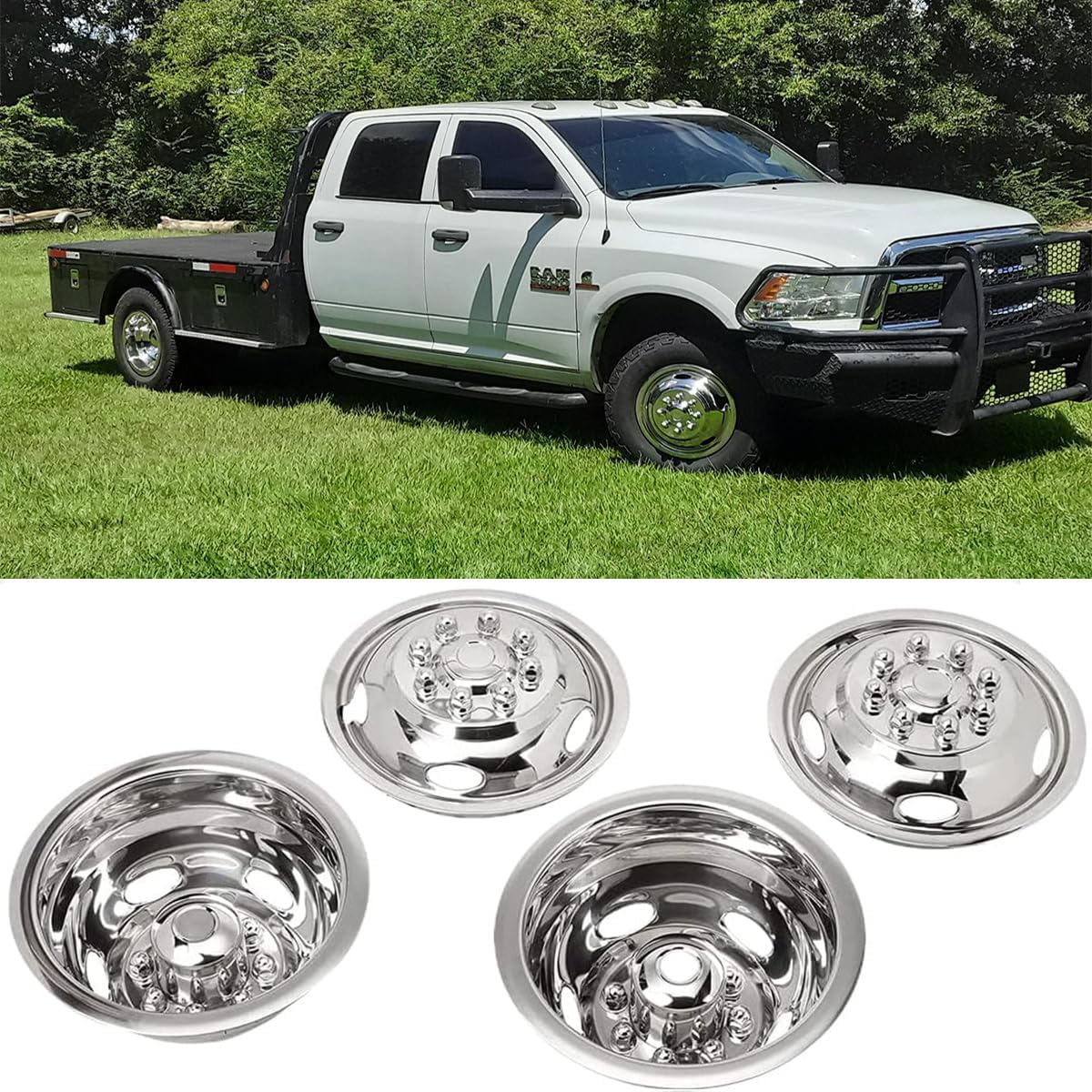 4pcs 17inch Polished Stainless Steel Dually Wheel Simulators, Bolt On Wheel Cover with Removable Centre Cap, 8 Lug Hubcaps fit for 2003-2018 Dodge Ram 3500 C17D8