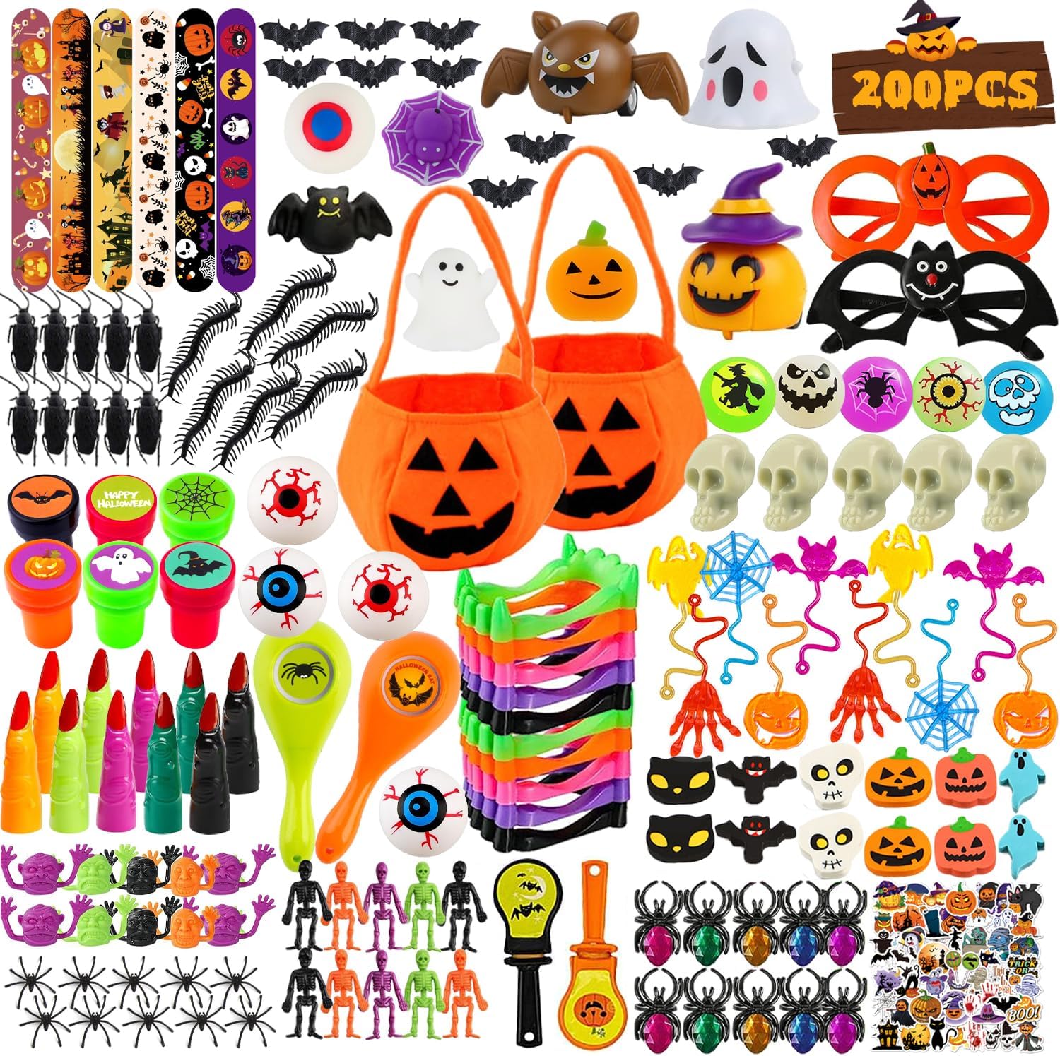 GOAUS Halloween Party Favors 200 Pcs, Halloween Treats Non-Candy Trick or Treat Toys Bulk, Gifts Prizes for Kids, Goodie Bag Fillers Treat Bag Stuffers