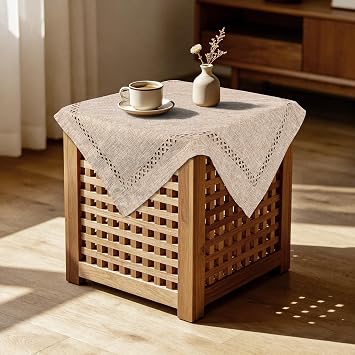 Khaki Small Square Tablecloth 24 x 24 inch, Rustic Farmhouse Linen Textured Table Cloth with Decorative Cutouts, Coffee Table Cover for Nightstand Home Decorations, Washable