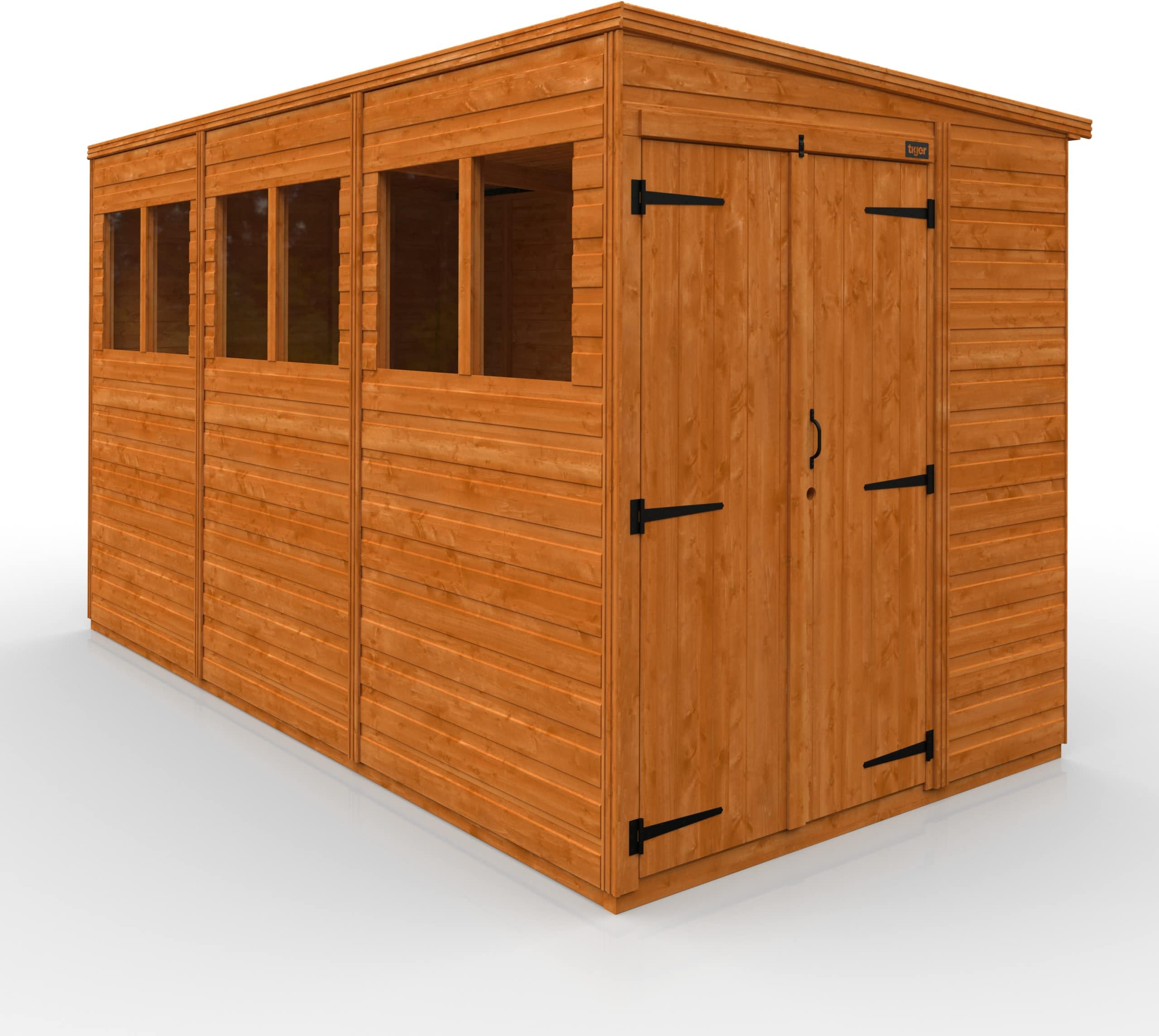 TigerFlex Shiplap Pent Double Door Windows Wooden Garden Shed 12 x 6 ft Red Cedar
