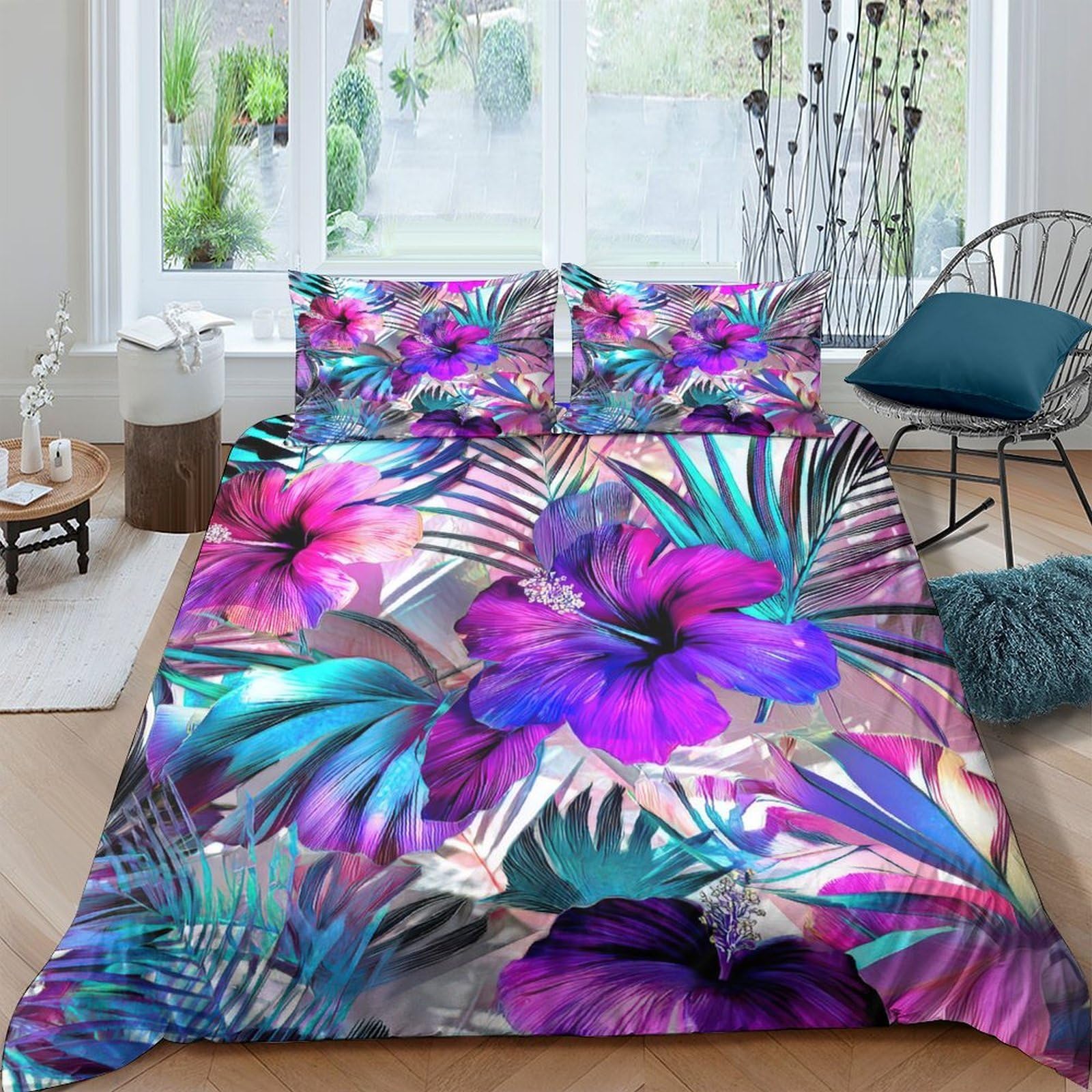 GPLZQXKJNH 3D Printed Tropical Flower Duvet Cover Microfiber Soft Breathable Palm Leaf Bedding Set with 2 Pillowcases for Bedroom Decor Single（135x200cm）