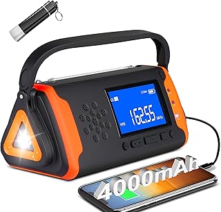 Emergency Weather Crank Radio 4000mAh - Portable, Solar Powered, Hand Crank, AM/FM/NOAA Weather Alert Radio, Aux Music Play, USB Cell Phone Charger, SOS Alarm, LED Flashlight for Hurricanes,Tornadoes