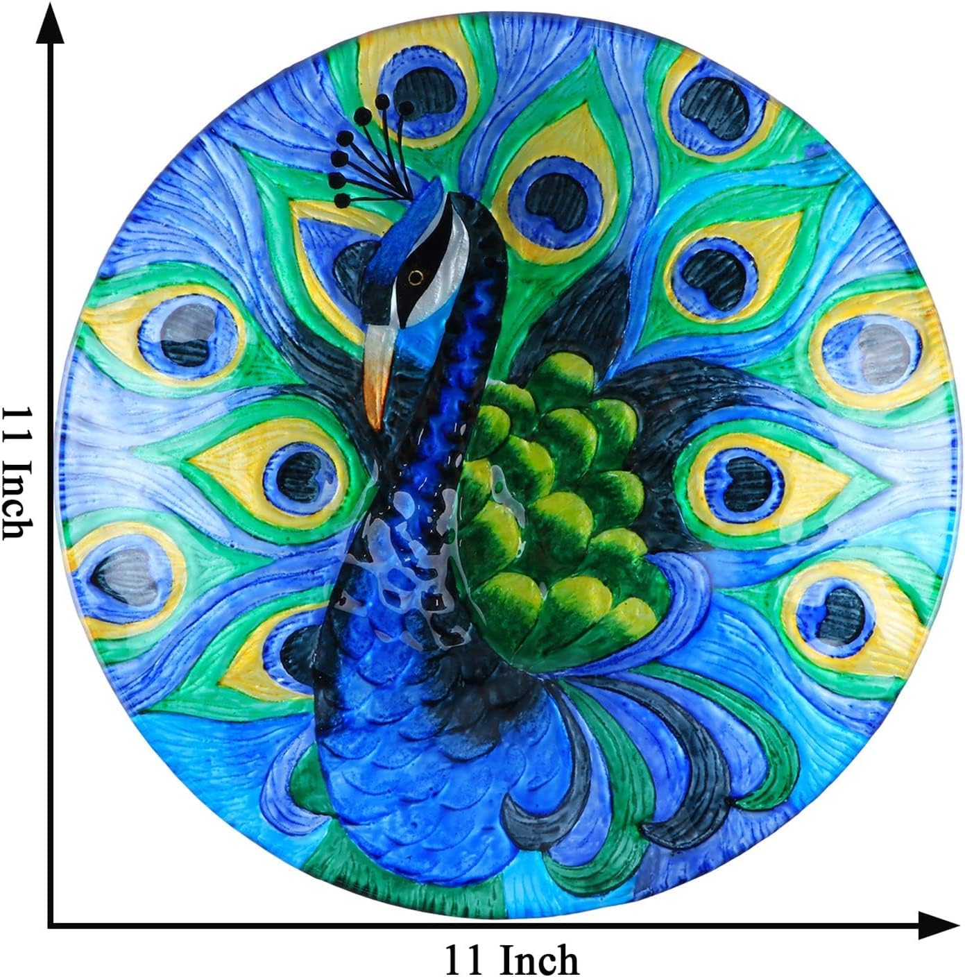 VCUTEKA Bird Bath Hanging for Outdoor Glass Small Bird Feeder Bowl Garden Decoration 11 Inch Peacock (Peacock 1)