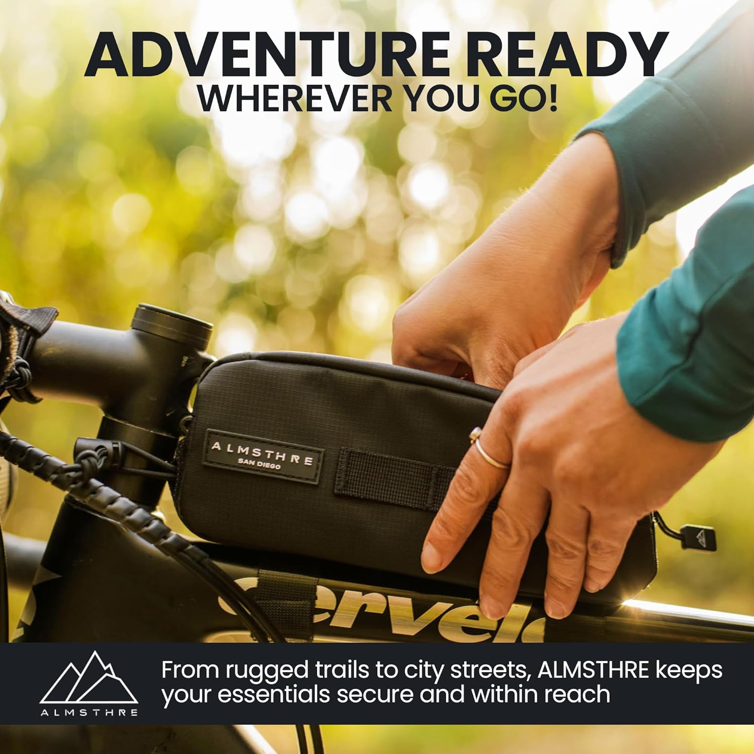 ALMSTHRE Top Tube Bag Bundle - Black | Top Tube Bike Bag, Bike Saddle Bag & Ride Wallet Set | Top Tube Bag with Straps, Bolts & Tether Cord | Waterproof Zippers Across All Items