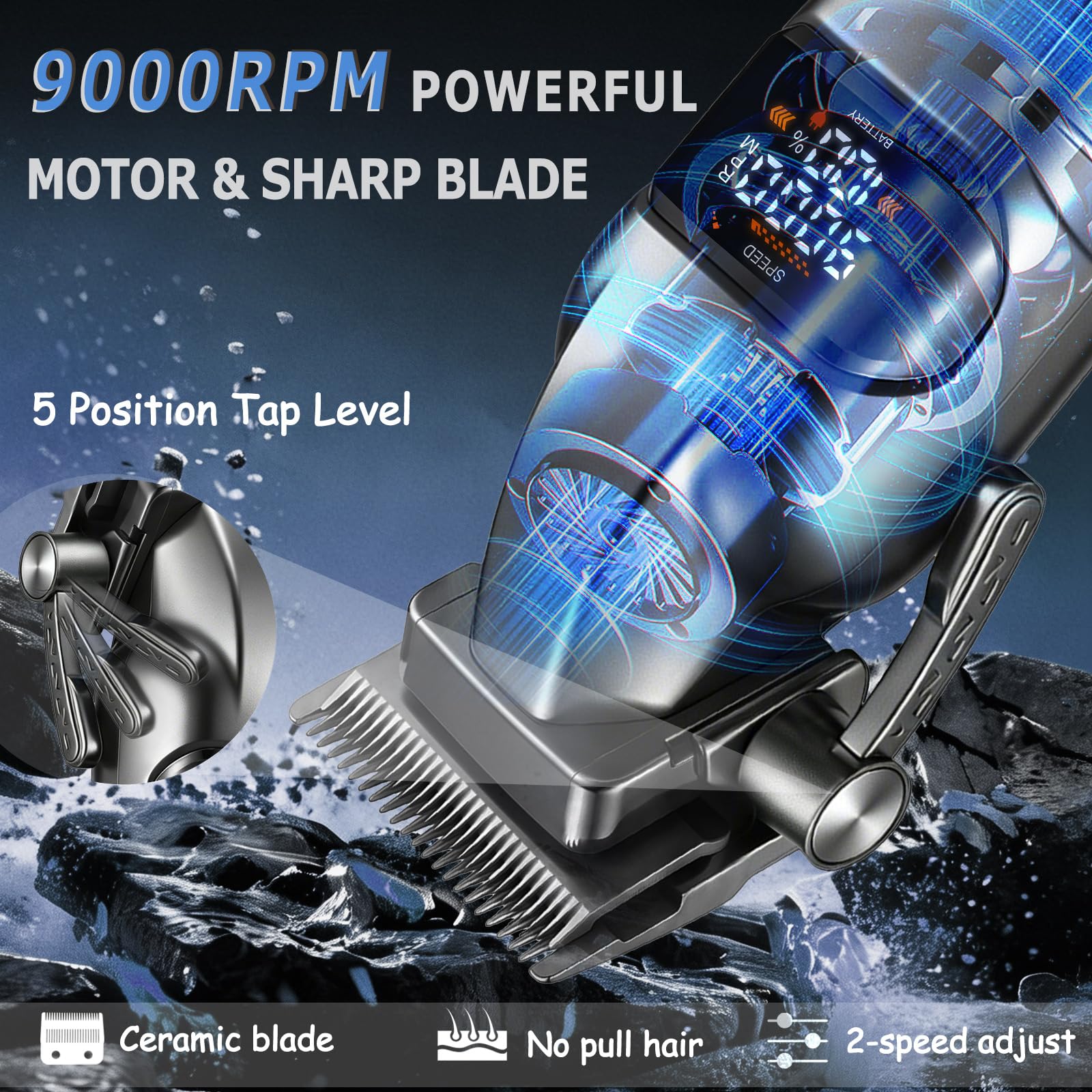 KEMEI 1667 Cortapelos Hombre Profesional, Maquina Cortar Pelo Inalámbrico | Motor2 Velocidades(8000/9000 RPM),6 Peines y Pantalla LED,Cuchilla de Cerámica y Acero-Ideal para Autocorte y Regalo(Gris)