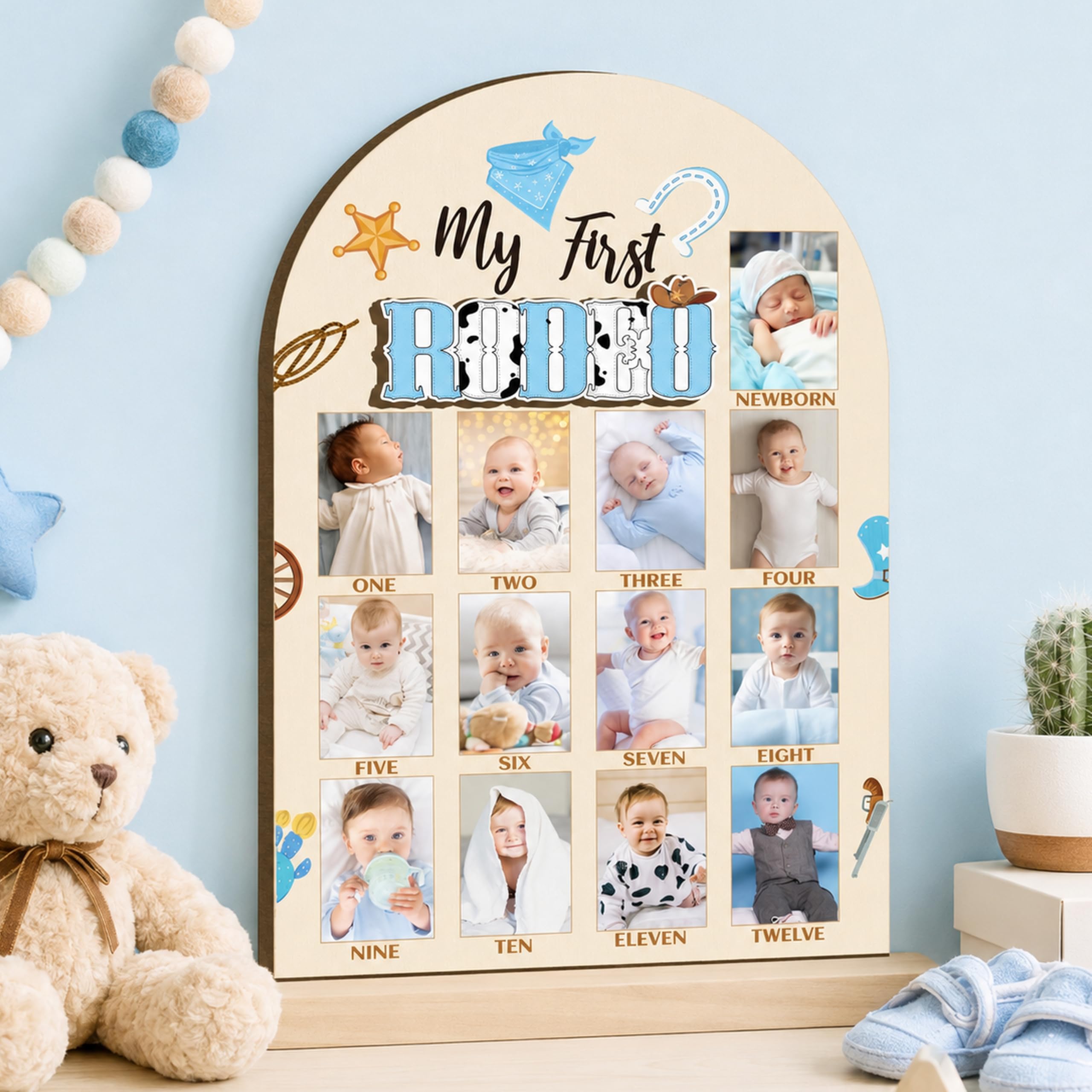 Decoration anniversaire cowboy bleu cadre photo 1 a 12 mois bois