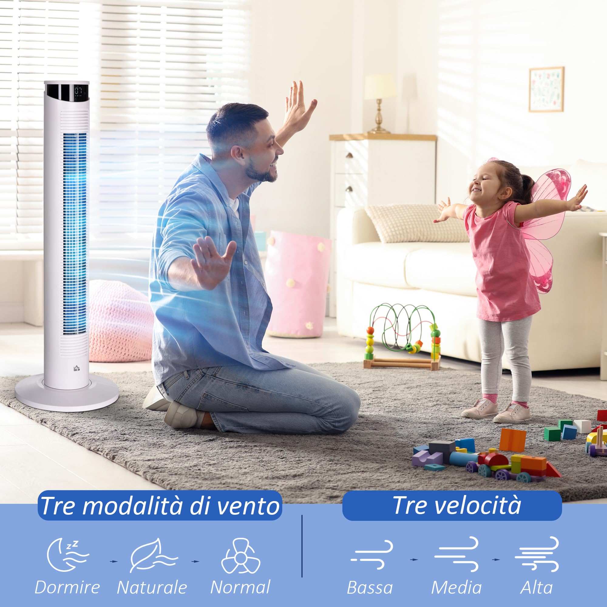 HOMCOM Ventilatore a Torre 45W a 3 Modalità e 3 Velocità con Timer da 12h, Ventilatore da Terra in ABS e Alluminio con Telecomando, Ø31.5x93 cm, Bianco