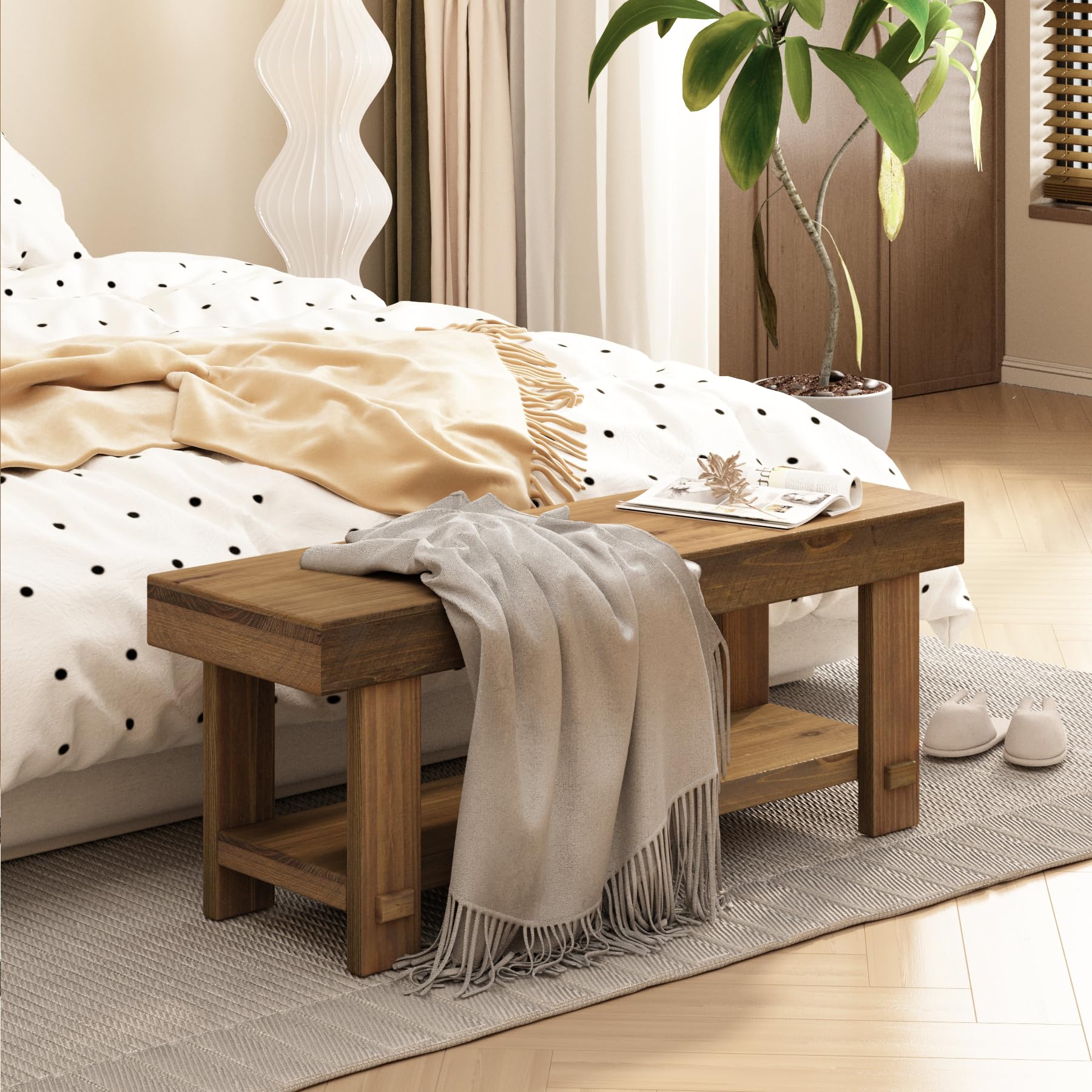 Solid Wood Entryway Bench - 42.6" Farmhouse Long Narrow Benches | Rustic Natural, Storage Bench, Easy Assembly, for Indoor, Entryway, Dining Room, Living Room, Bedroom and Hallway