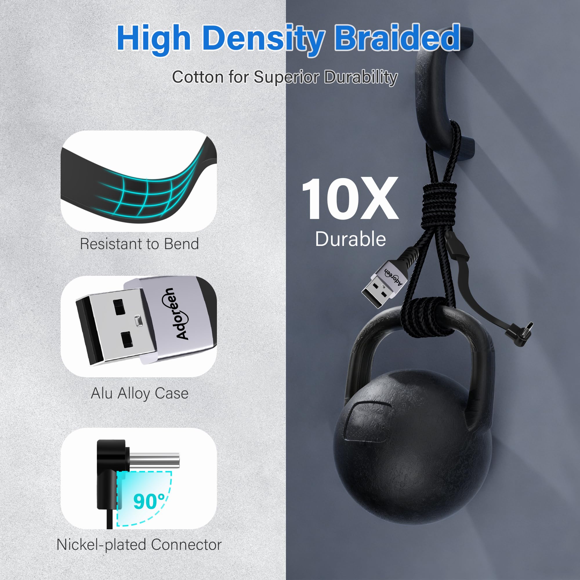Adoreen Cavo da USB A a C da 1 m con porta C piatta ad angolo retto di 90 gradi, cavo di ricarica rapida PD da 60 W, sottile intrecciato sottile, 480 Mbps 20 V/3 A per giochi mobili, iPhone 17/16 Pro
