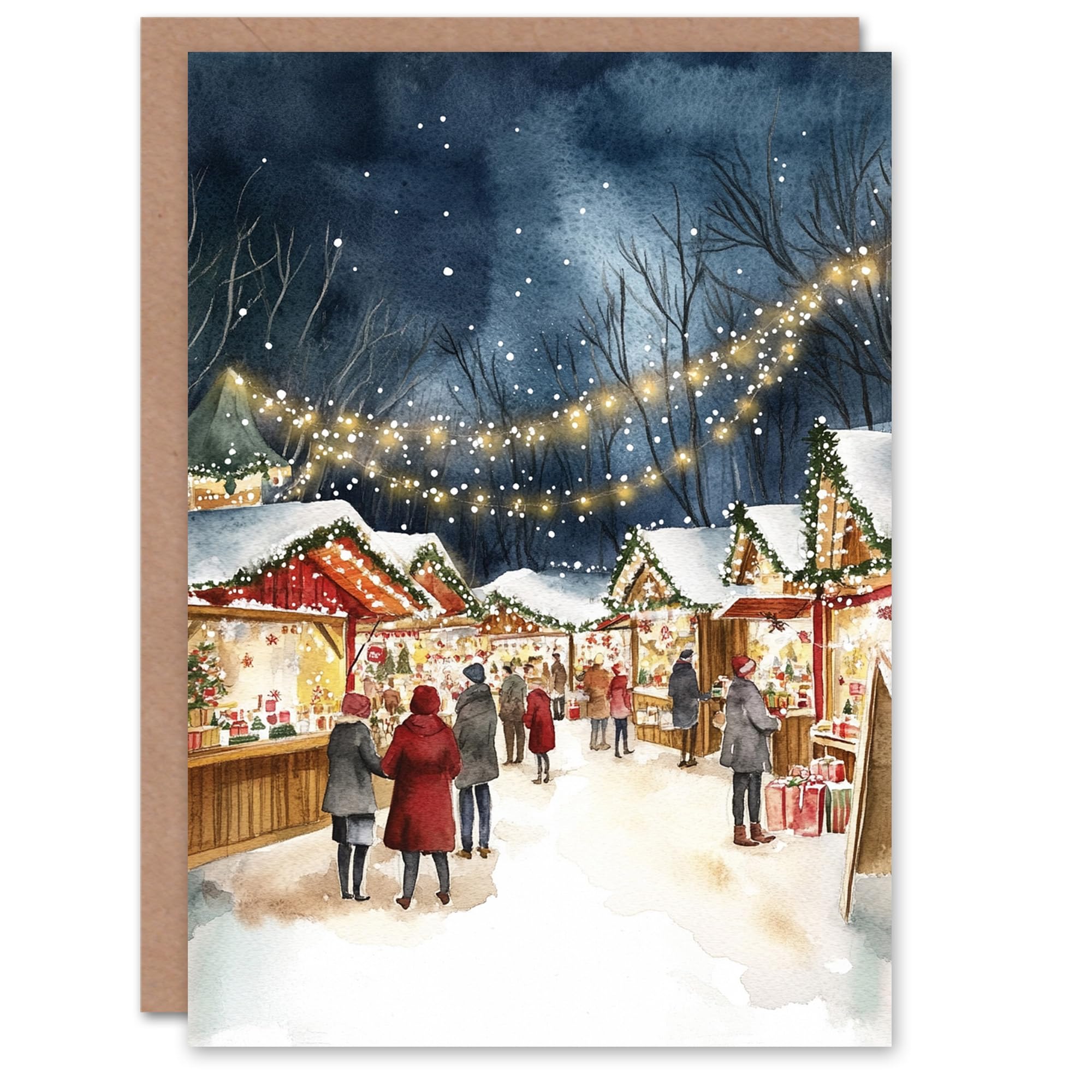 Artery8 Busy Festive Market Stalls Winter Night Blank For Him Or Her Art Xmas Festive Christmas Card