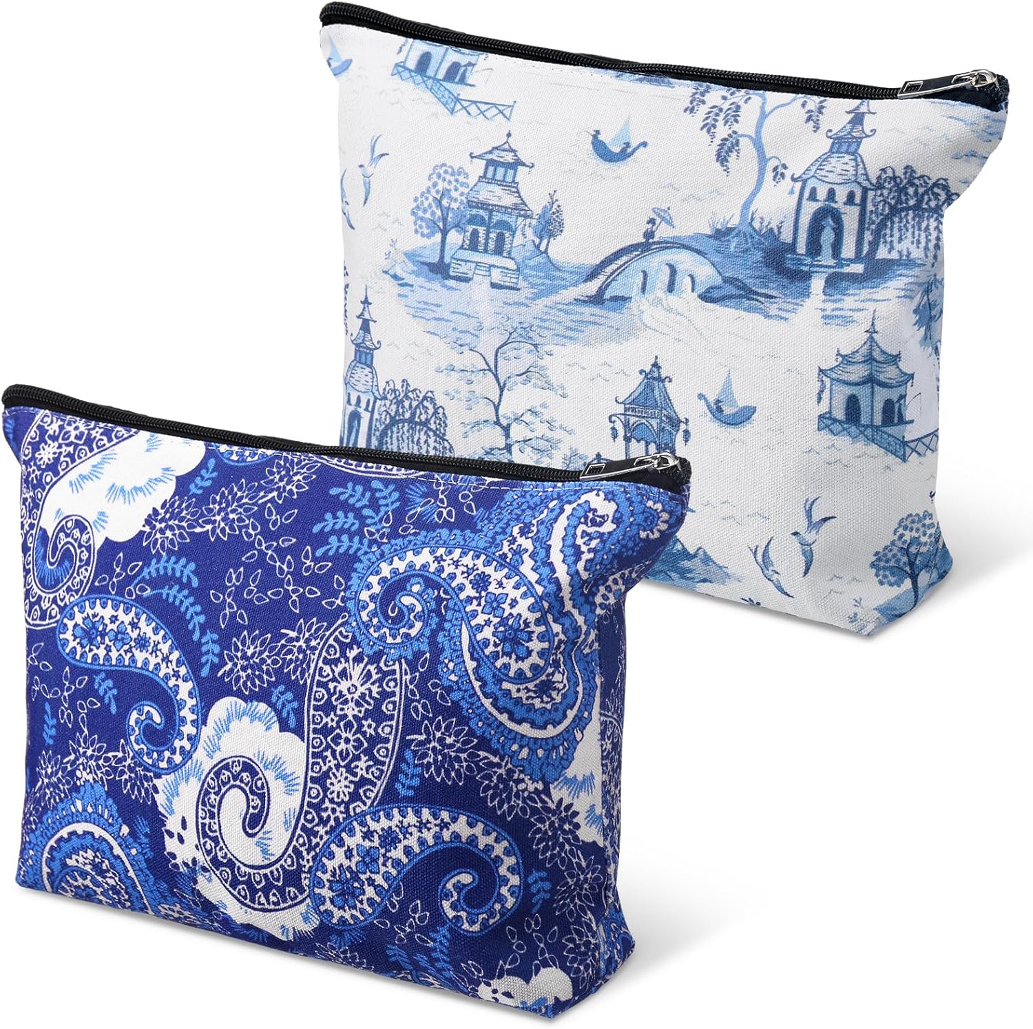2 Pcs Empty American Mahjong Tile Bags White Blue Printed Thickened Soft Bags Suitable for 166 Standard Size American Mahjong Tiles and Accessories 13 x 3.2 x 7.8 Inch Cases Only