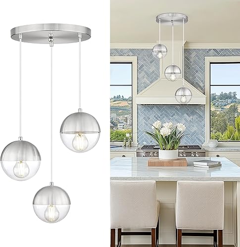 Miniatura 16 de LMS LMS-186BNC - Moderna lámpara colgante de 1 luz, lámpara colgante de isla de cocina de níquel cepillado con vidrio de globo transparente, varilla