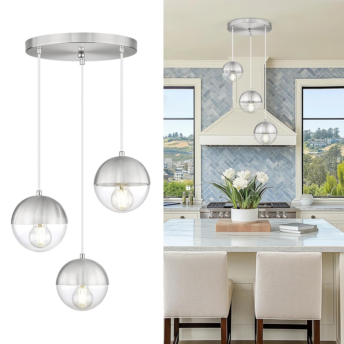 Lms Modern Brushed Nickel 3-Light Cluster Pendant Lights, Mid Century Pendant