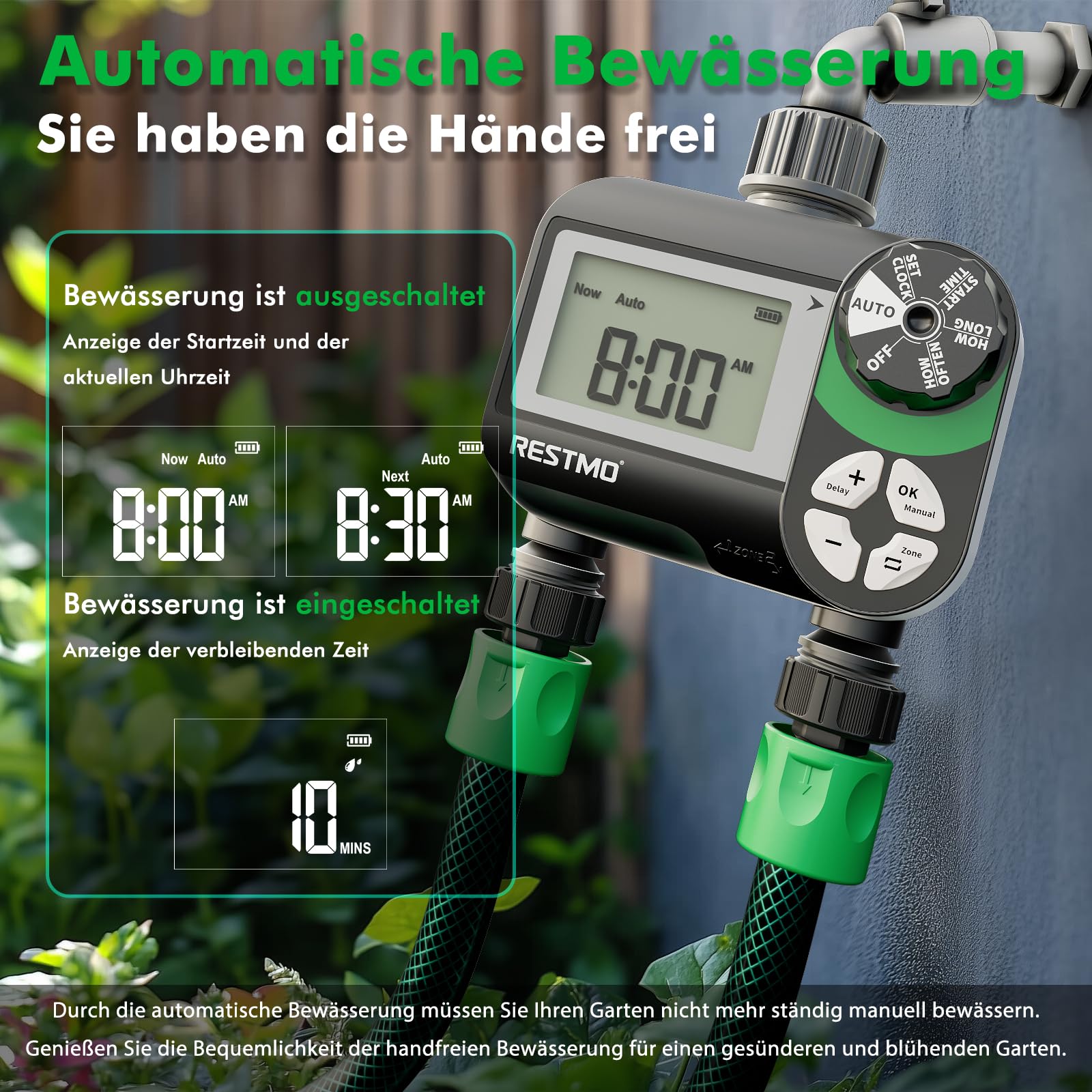 RESTMO Wasserzeitschaltuhr, programmierbare Bewässerungscomputer, 3 Bewässerungsmodi, Zeitschaltuhr für Außenwasserhahn, Rasen-Bewässerungssystem, Schwarz - Intervallplan - 2 Zone
