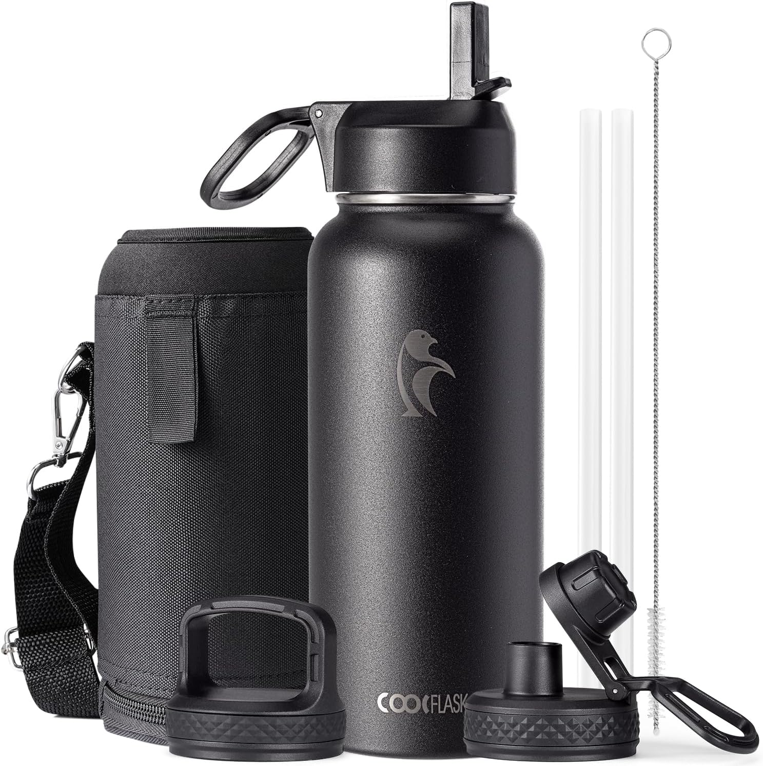 Water Bottle 32 oz Insulated with Straw, Coolflask Stainless Steel Metal 3 Lids Water Flask Wide Mouth for Sports or Office, Non-BPA Keep Cold Up to 48 Hrs or Hot Up to 24 Hrs, Magic Black