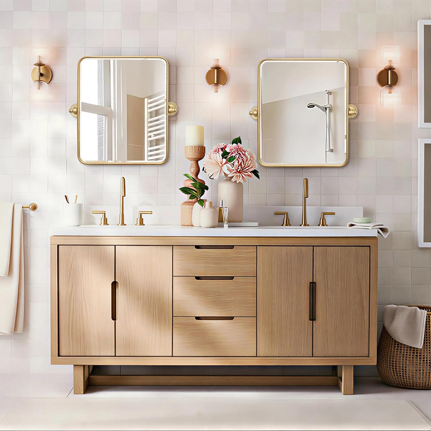Besdomus Gold Pivot Mirror Bathroom: 20"x24" Farmhouse Beveled Tilt Vanity HD Mirror for Bathroom - Rectangular Gold Leafing Metal Framed for Horizontal/Vertical - Home Decor for Fashion-Conscious