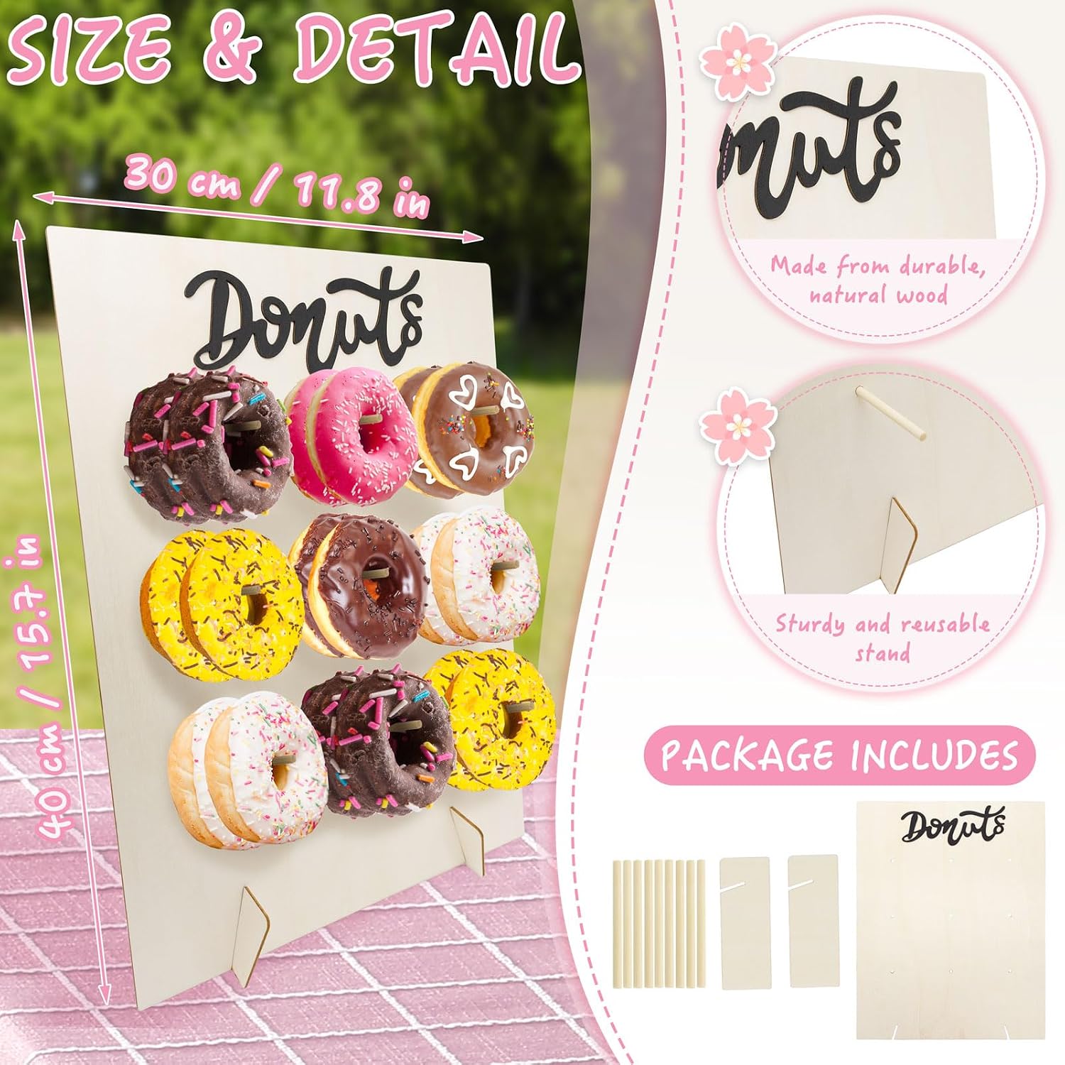 2 Pcs Donut Stand Donut Wall Display Stand Wooden Bagel Holder for Party Supplies Table Dessert Wedding Birthday Baby Shower Treat Dessert Table Decoration