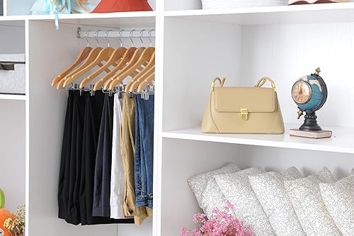 Miniatura 3 de Perchas de madera de calidad con clips, paquete de 80 perchas naturales para pantalones con clips ajustables de metal cromado, gancho giratorio,