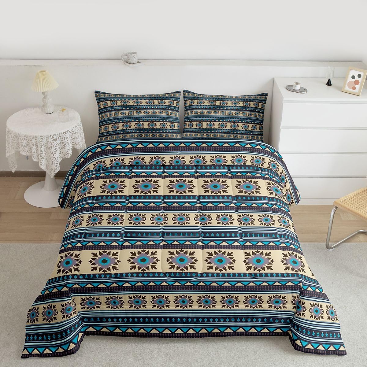 Feelyou Toddler Size Southwestern Geometric Bedding Set Boys Girls Boho Comforter Set for Kids Women Men Ultra Soft Tribal Comforter Modern Blue Brown Duvet Set Room Decor Quilt Set