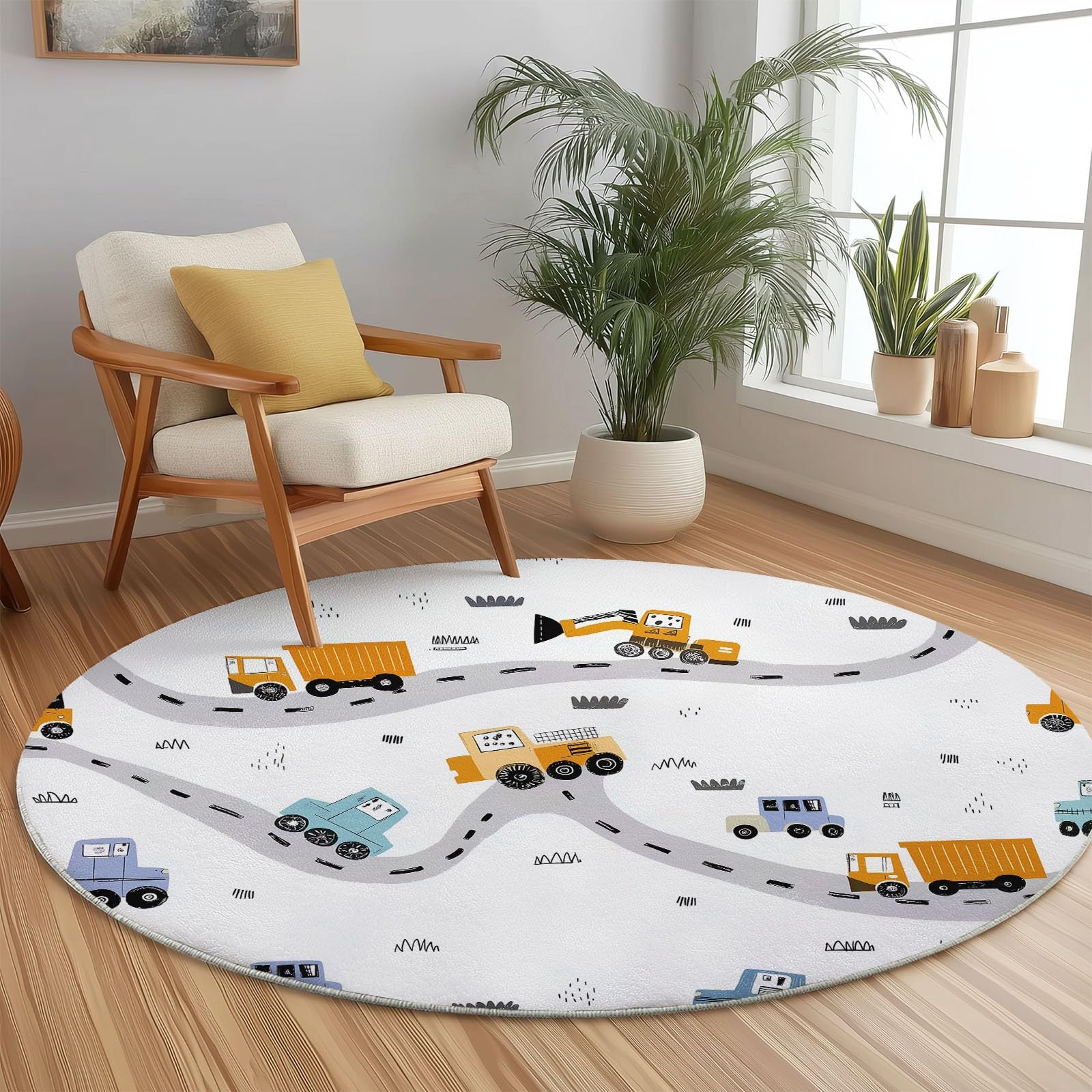 Tappeto Rotondo per Soggiorno 150cm, Morbido Antiscivolo Fumetto Stile Flanella Tappeto Carino Trasporti Veicolo Da Costruzione Tappeti Stampato per Bambini Cameretta Cucina Color