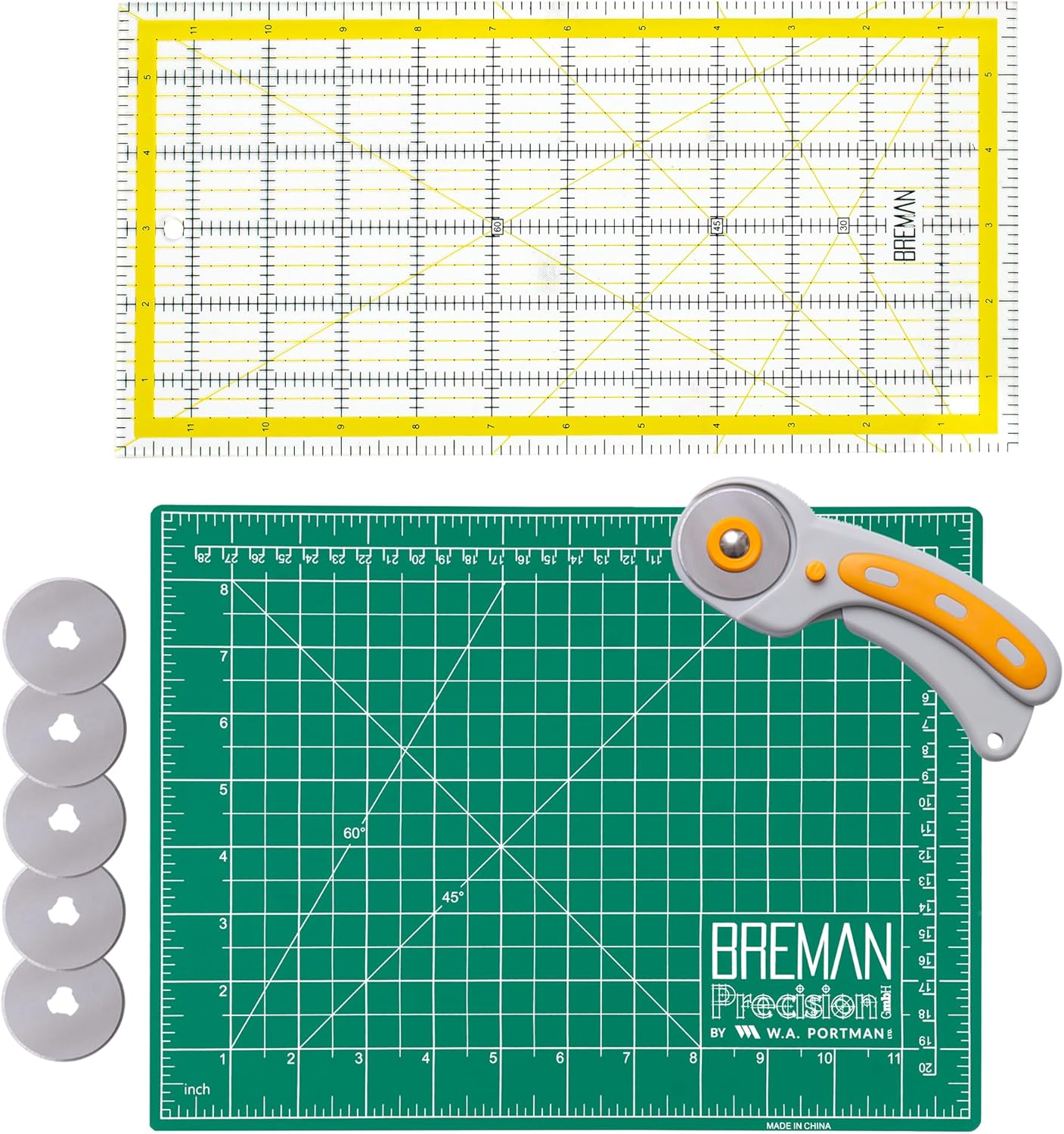 WA Portman Self Healing Cutting Mat & Rotary Cutter Set 45mm Rotary Cutter for Fabric with 5 Extra Blades with 18x24 Fabric Cutting Mat & 6x24 Acrylic Quilting Ruler - 3pc Sewing Kit