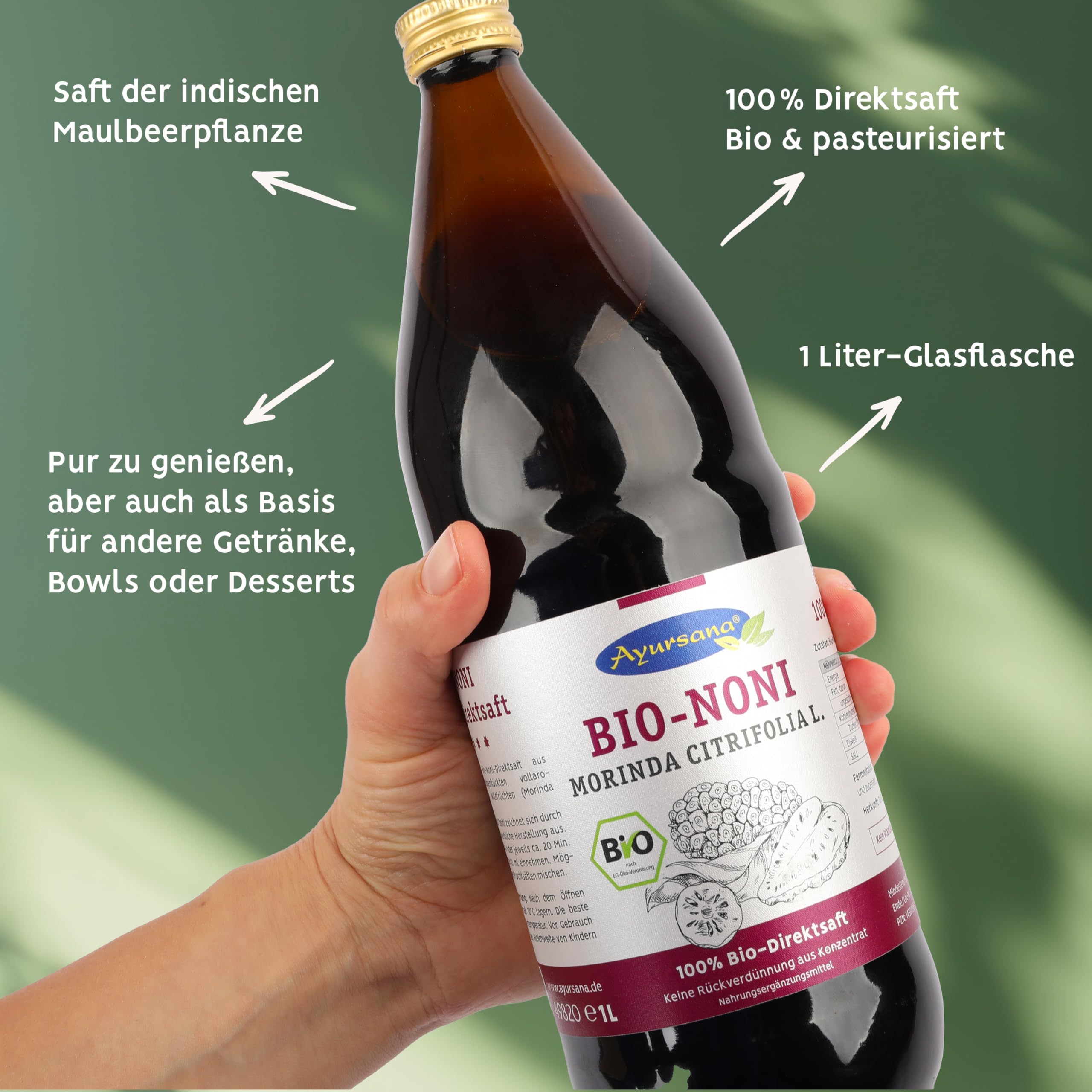 Ayursana Nonisaft 3x1 Liter, Bio-Qualität & 100% Direktsaft, purer Noni Saft abgefüllt und fermentiert im Ernteland Samoa, zum Beimischen für Bowls, Smoothies & Getränke