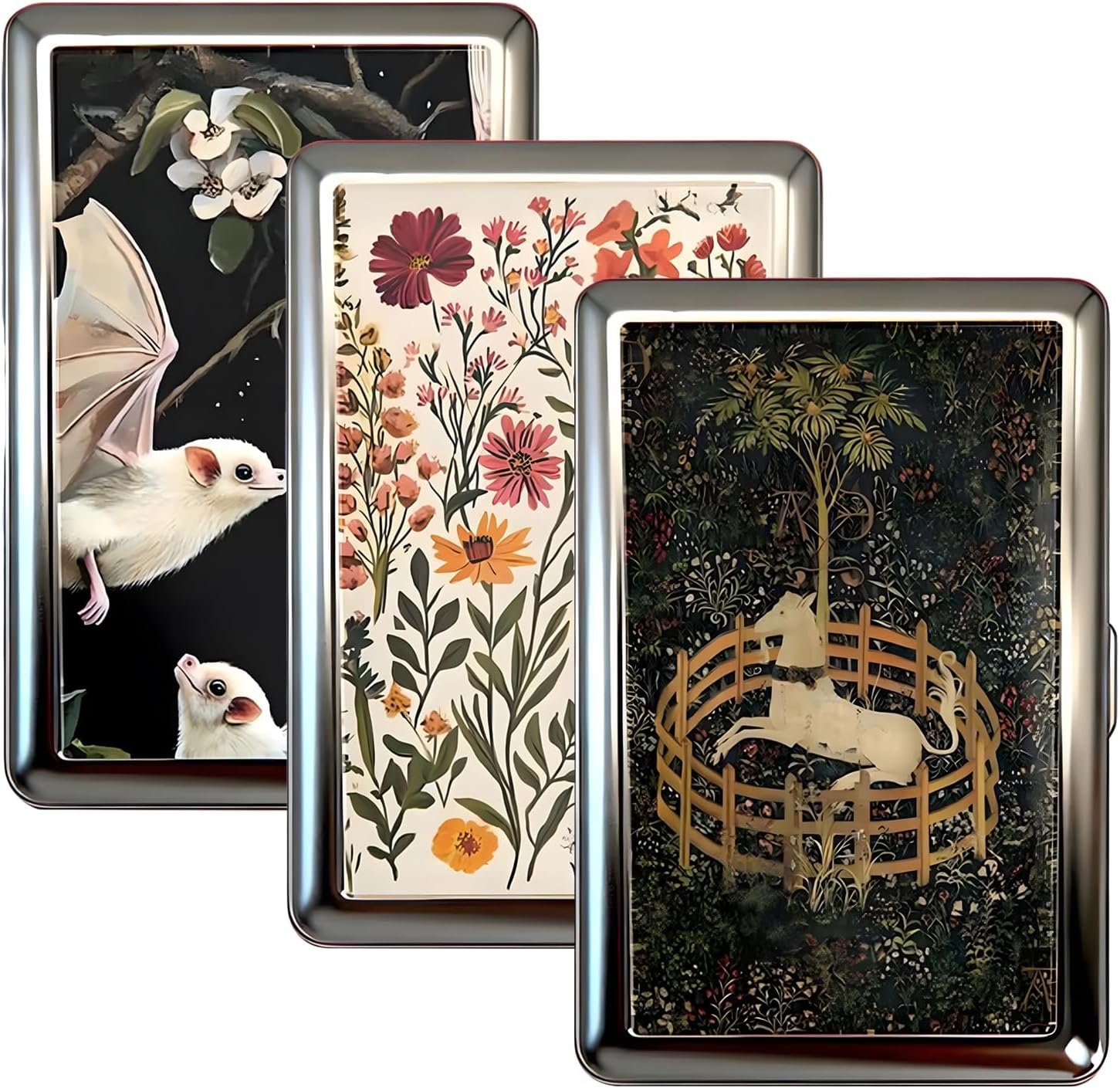 RFID Blocking Metal Wallet Card Holder, Slim Stainless Steel Credit Card Case with Snap Closure, Vintage Art Deco Card & Cash Organizer for Men Women (3PCS)