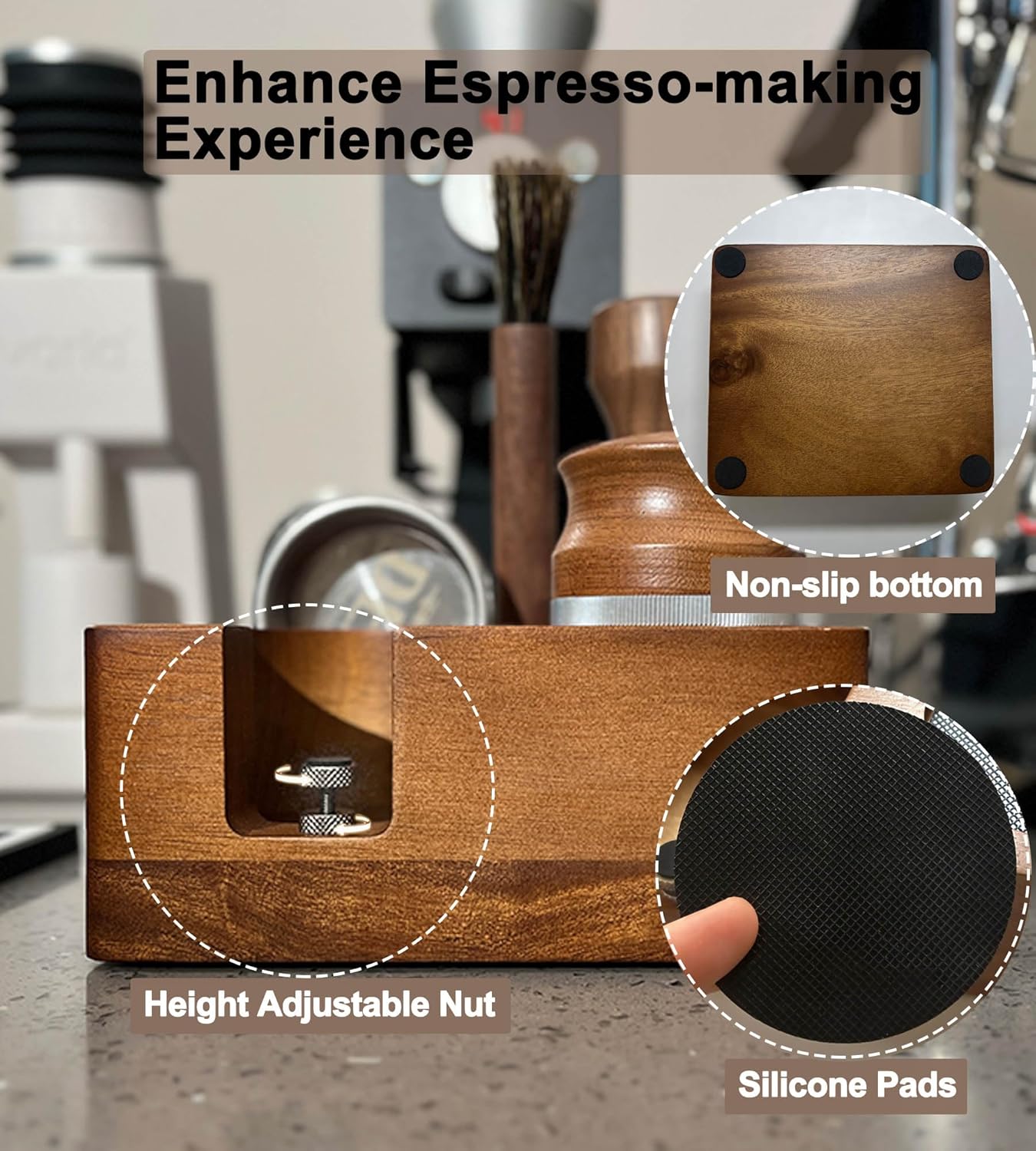 Espresso Tamping Station - Fit for 58 mm Espresso Portafilter, Tamper and Distributor, Coffee Tamper Station Base, Espresso Organizer Station for Espresso Accessories, Natural Wood Acacia Large