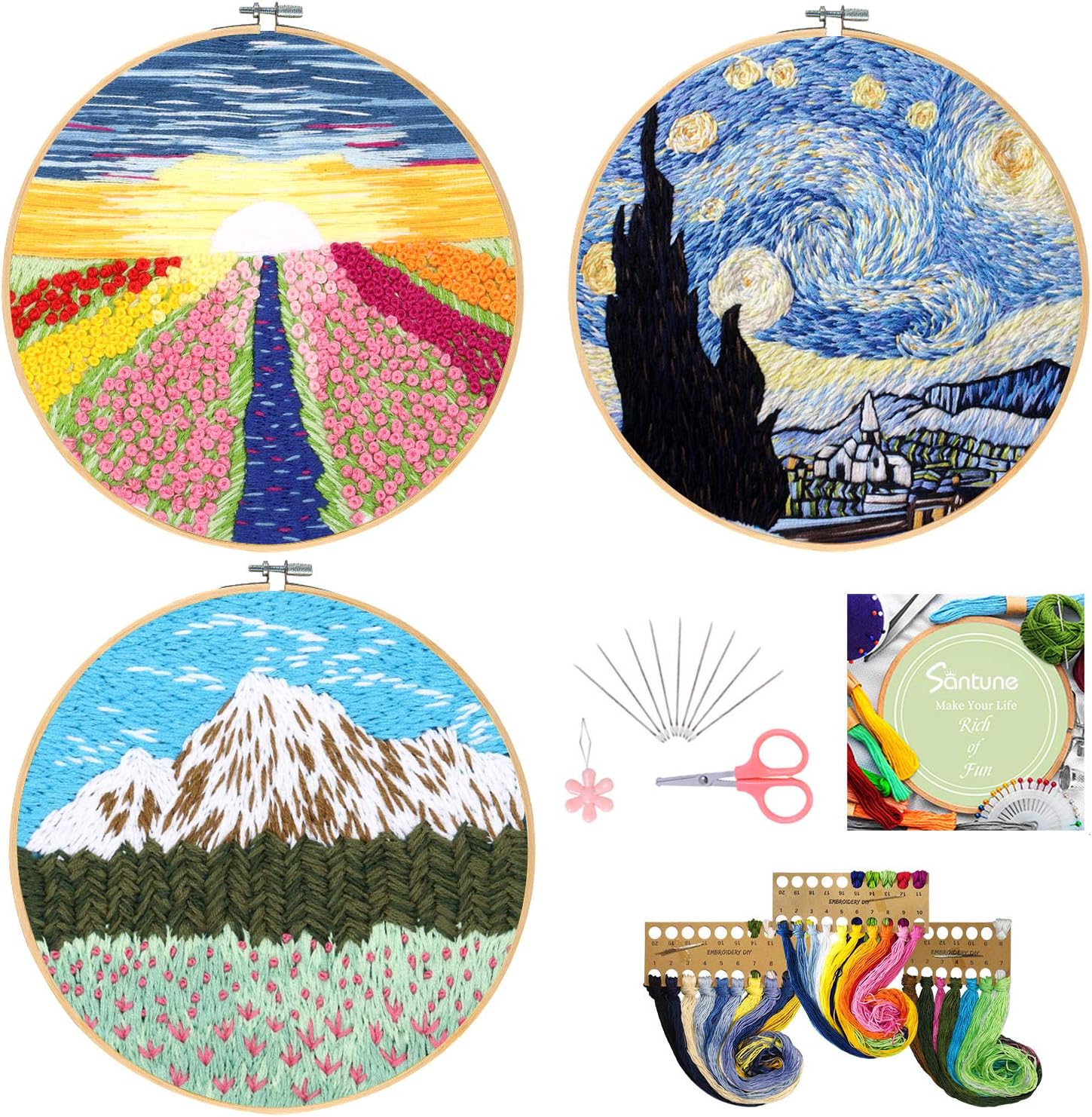 Santune 3 Sets Embroidery Starter Kit with Pattern and Instructions, Cross Stitch Set, Stamped Embroidery Kits with 3 Embroidery Clothes with Pattern, 1 Embroidery Hoops