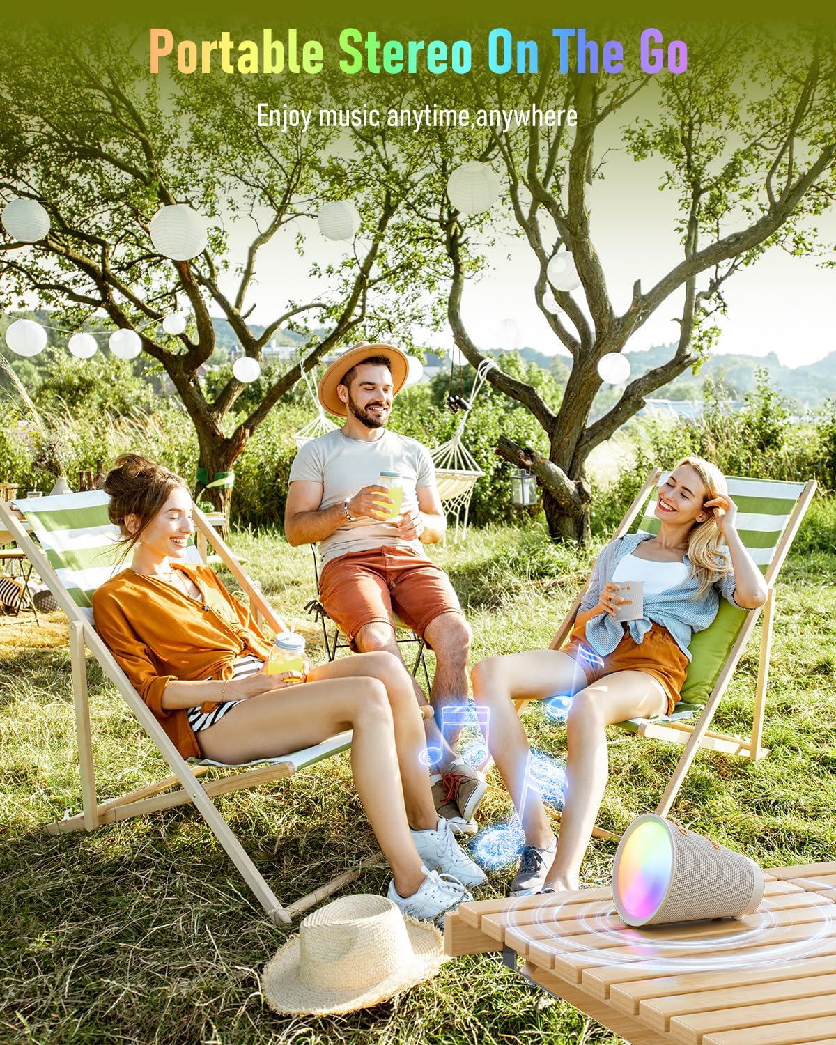 Portable Bluetooth Speaker Wireless with 9 Color Lights, 20H Playtime, Stereo Pairing, Deep Bass, IPX6 Waterproof, Bluetooth 5.3, Small Speaker for Home, Party, Outdoor, Camping, Beach, Gift