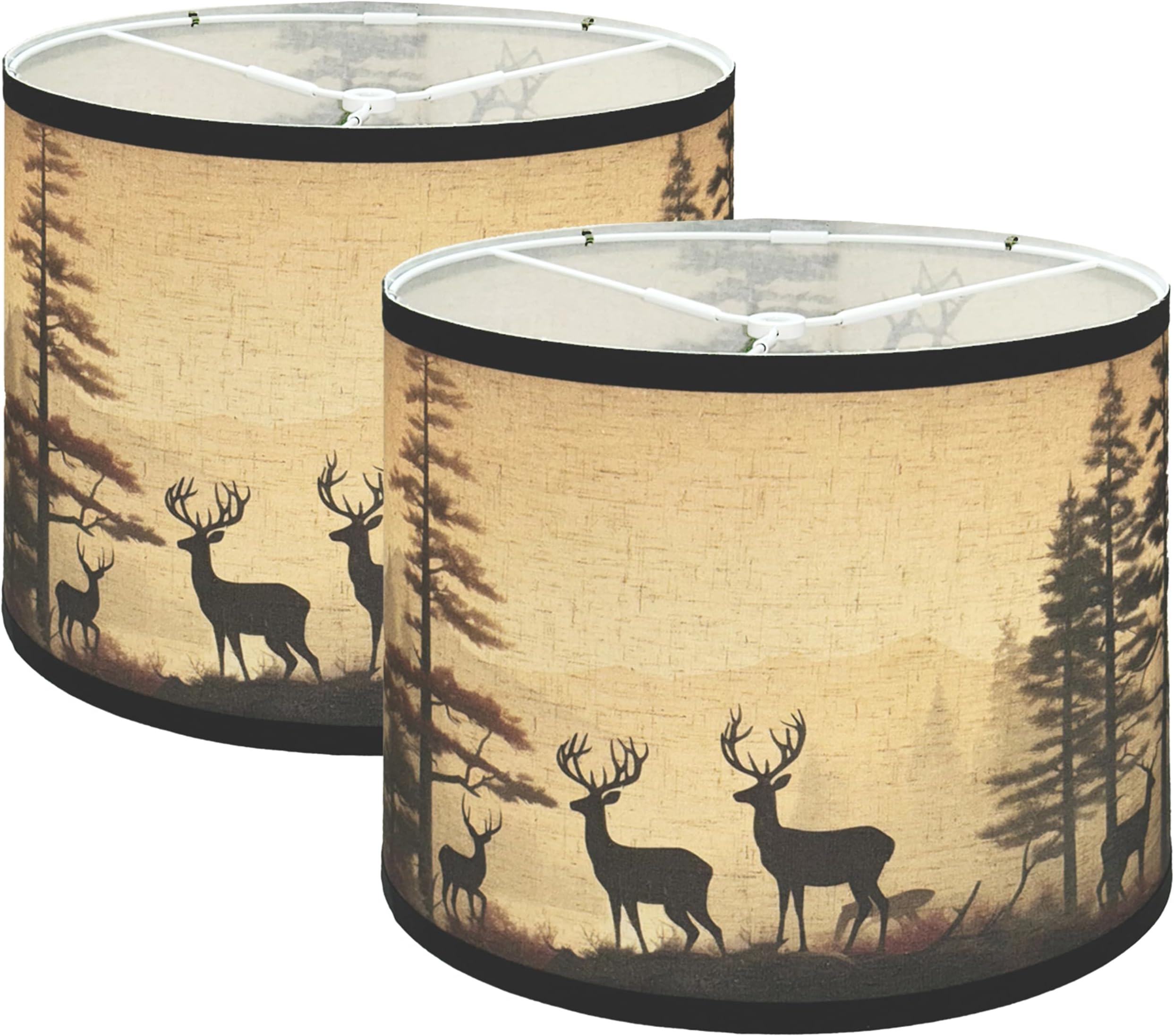 Lamp shades Set of 2, Drum Lampshades 11.6"x12.6"x 9.8"(Beige with deers), Lampshades for Table Lamp, Floor Lamp, Pendant Light, Hand Crafted Replacement Lampshades, Easy Assembly Required