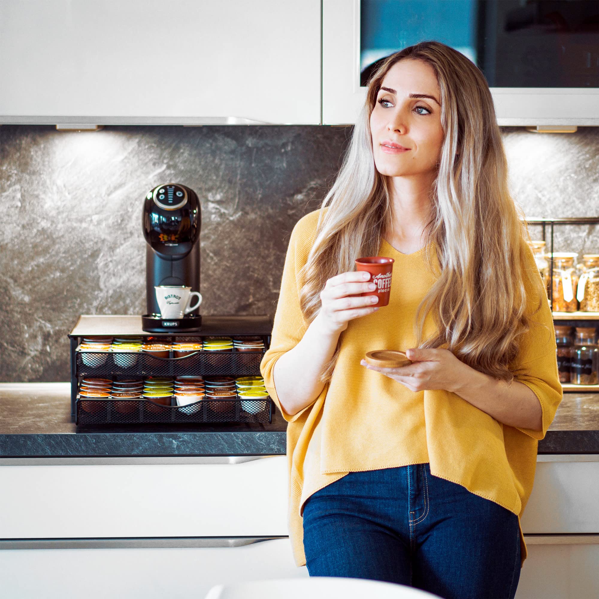 Dolce Gusto uchwyt na kapsułki | do przechowywania 72 kapsułek kawy | w zestawie z 2 szufladami | antypoślizgowe nóżki, wytrzymały, odporny na uderzenia i nierdzewny metal | akcesoria Dolce Gusto