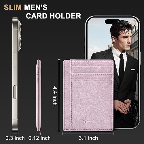 Miniatura 6 de Cartera Travelambo delgada, minimalista, con bolsillo frontal, de piel, de tamaño mediano con bloqueo RFID, Rosa, medio, Minimalista