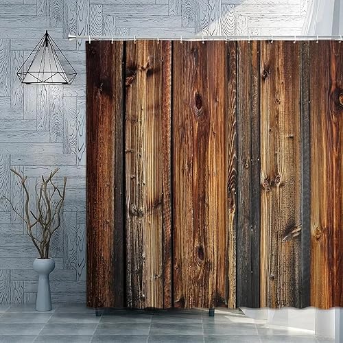 Retro Wood Grain Shower Curtain Brown Old Hardwood Floor Plank Natural Rural Graphic Print Fabric Bathroom Decor with Hooks 47x84in-120x213cmWxH