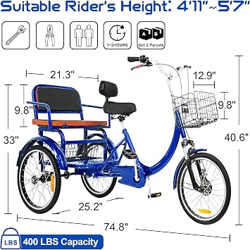 MOOITZ Adult Tricycle, 20 Inch 3-Wheel Bikes, Trike for Adults with Seat, Low Step-Through Cruiser Bike with Front and Rear Baskets, Adult Tricycles for Women, Seniors, Men