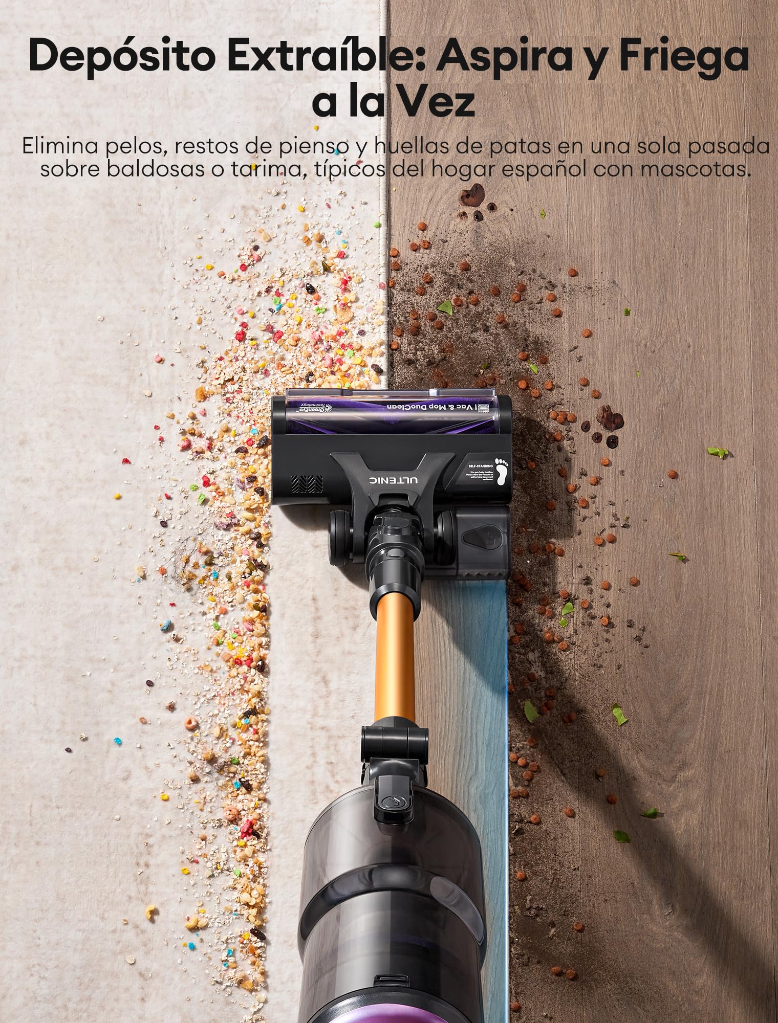 Ultenic U20Mopper Aspiradora sin Cable 60KPa/60Min, con Tanque Extraíble, Tec. Slide-to-Clean sin Ensuciarte, Limpia Bajo Muebles sin Agacharse, Cepillo Antienredos– Ideal para Suelos Duros y Mascotas