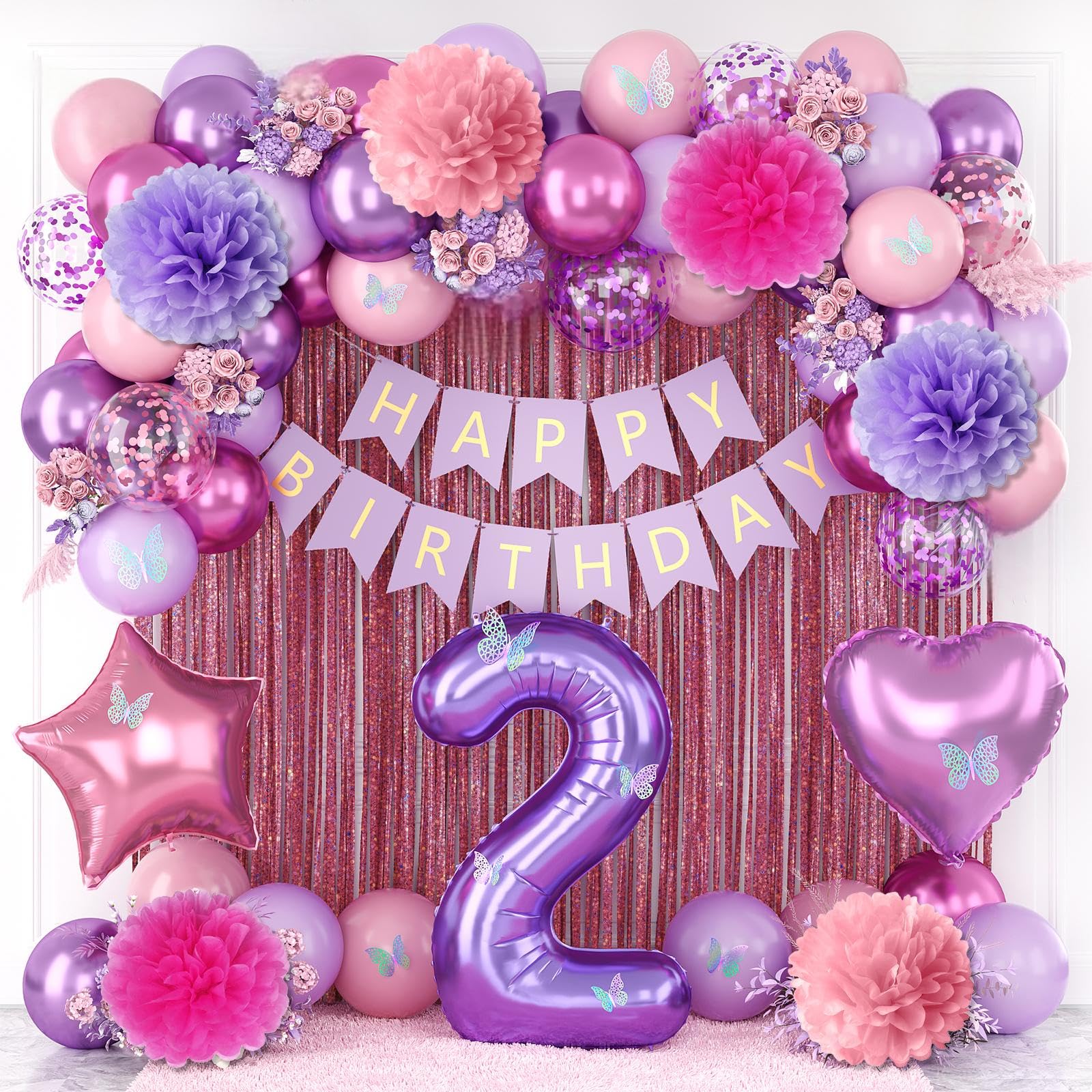 Pink Purple 2nd Birthday Party Decoration for Girls Number 2 Princess Decor